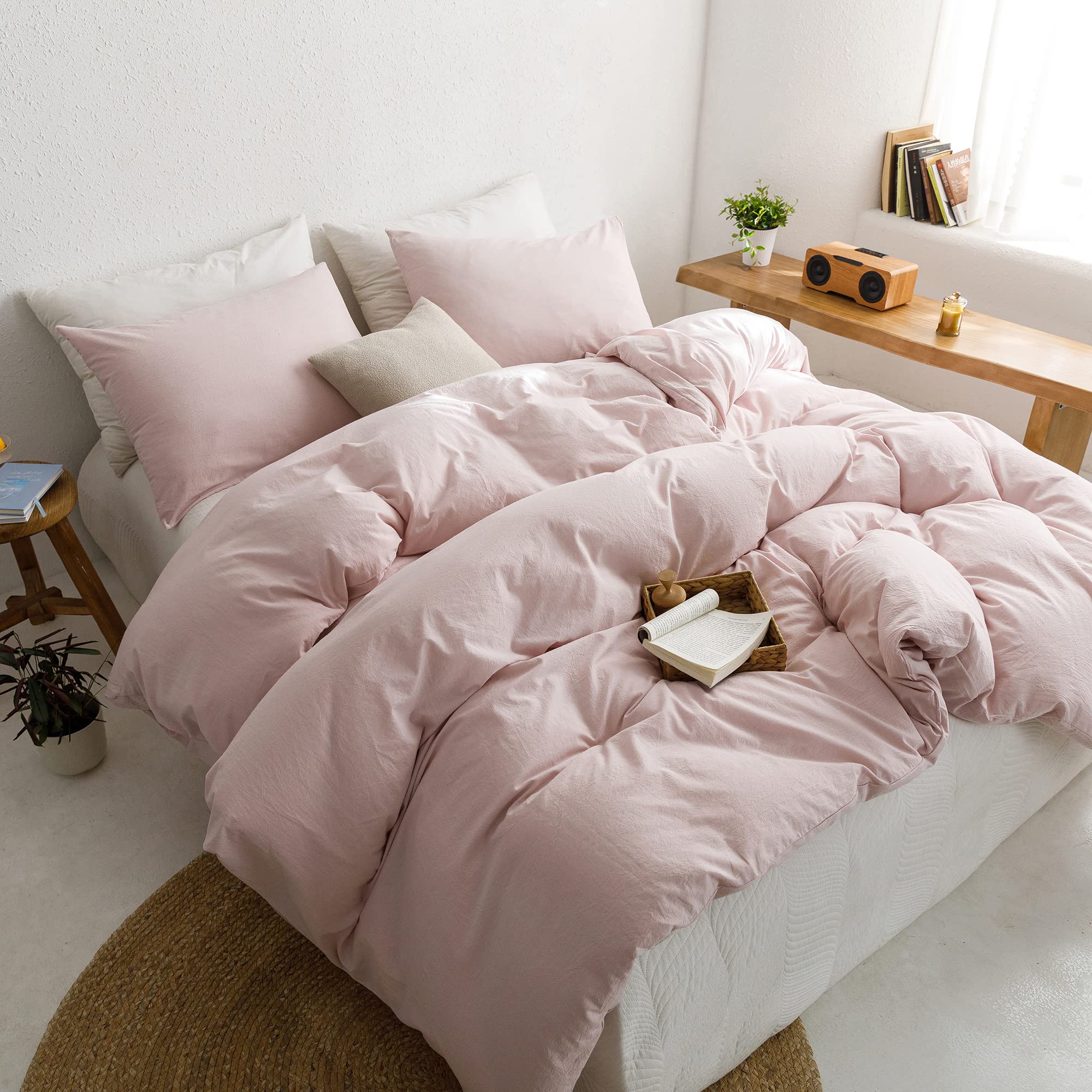 ECOCOTT Pink Duvet Cover Queen Size 100 Washed Cotton Durable Soft