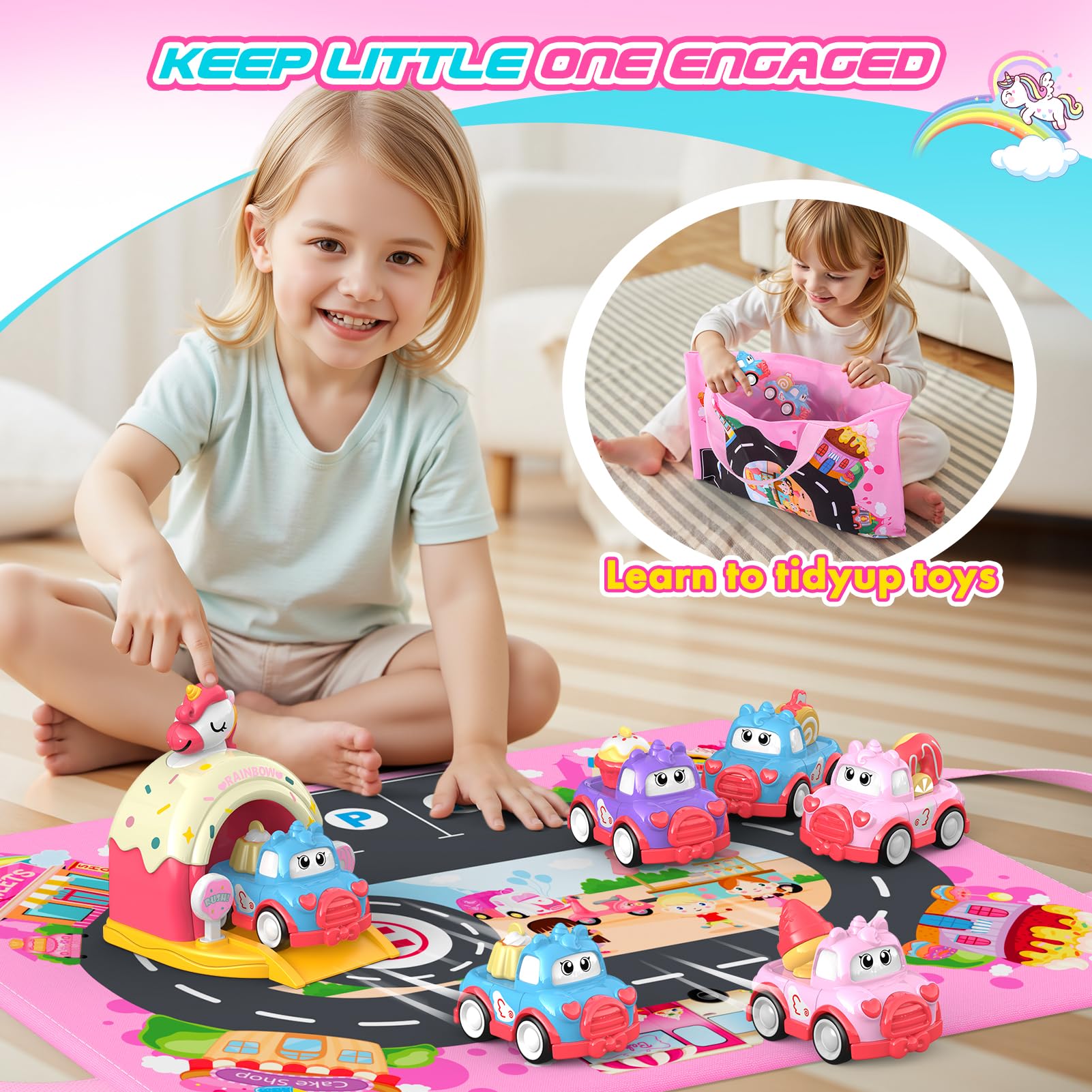 Geebiiny Macchinine per Bambini con Tappetino da Gioco e Portaoggetti 2 in 1 - Giochi Bambini 1 2 3 Anni, Unicorno Regalo Bambina 1 Anno, Gioco Montessori 1 2 Anni - Regali di Compleanno e Natale