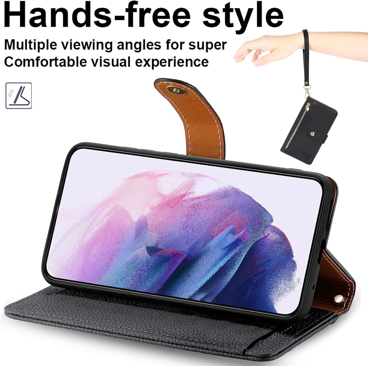 Wallet Case for Samsung Galaxy A20, RFID Blocking, Card Slots Holder, Kickstand, Magnetic Clasp Cover, Zipper Cases for Samsung Galaxy A20 with Strap-Black