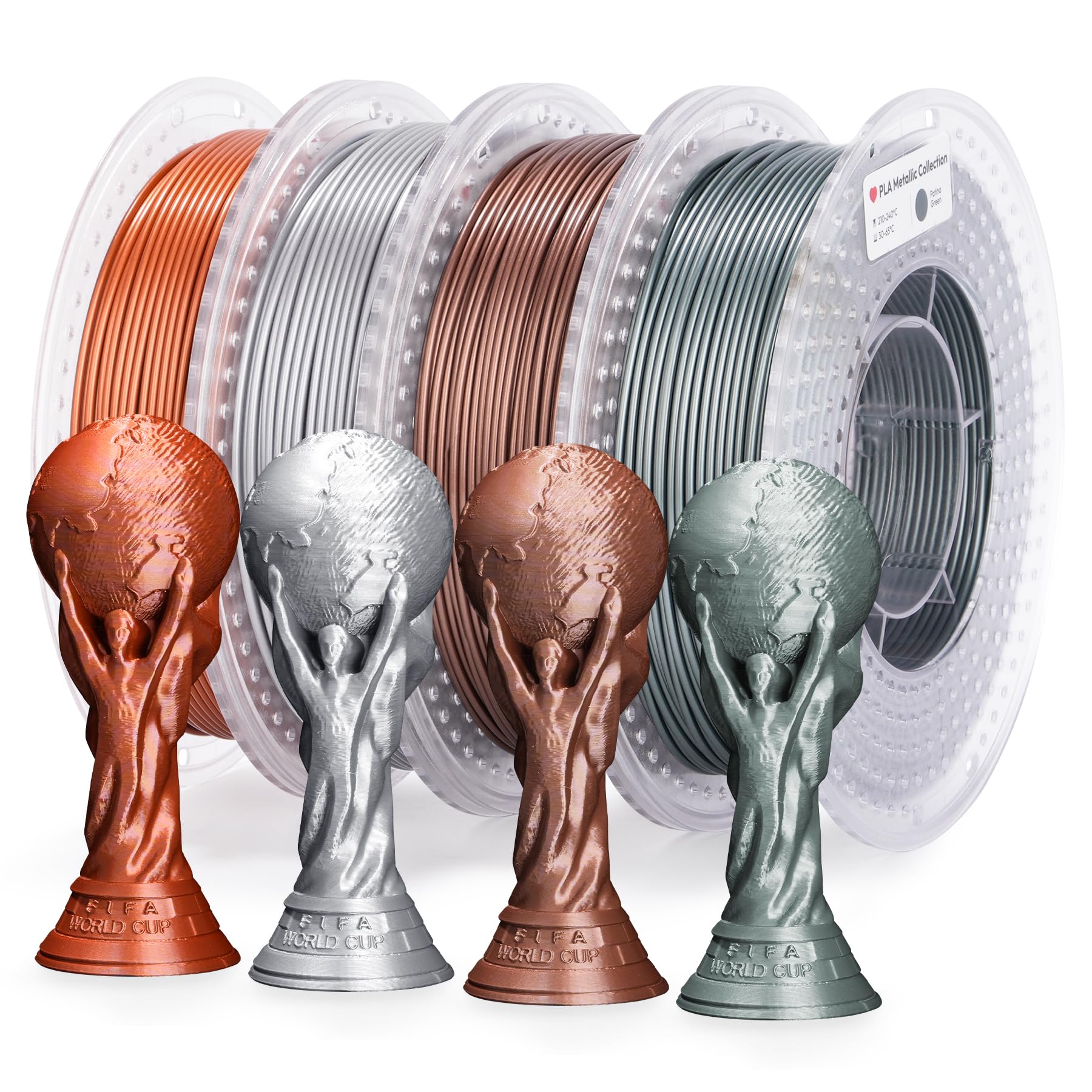 AMOLEN PLA 3D Printer Metal-Like Filament PLA Filament 1.75mm Filament Bundle,Green Bronze, Silver,Brass Bronze, Red Copper,3D Printing Filament Bundle, 200gX 4 Spools