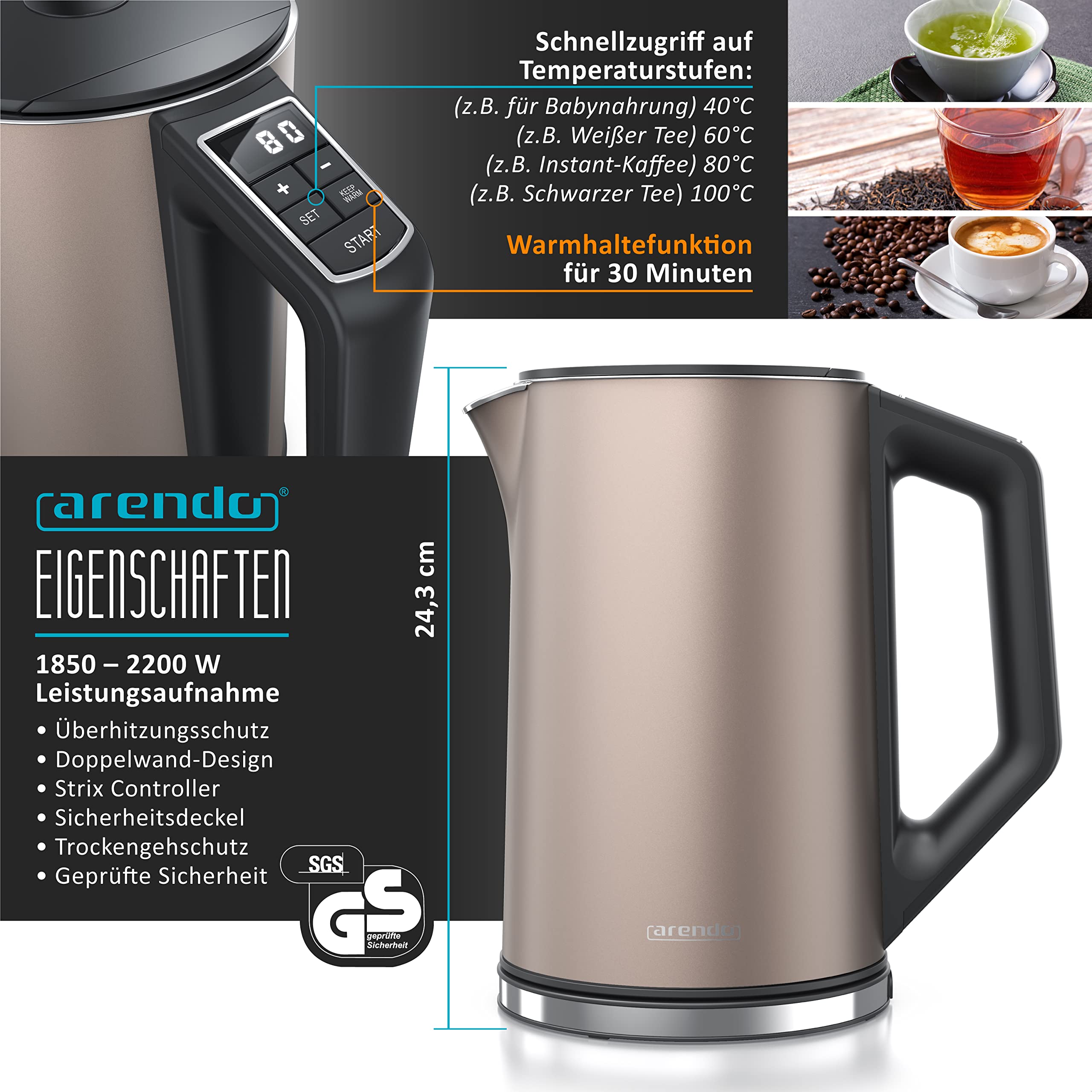Arendo Wasserkocher Toaster SET Edelstahl Beige 1,5L 40-100°C Warmhaltefunktion 4 Scheiben LED-Display 6 Bräunungsgrade