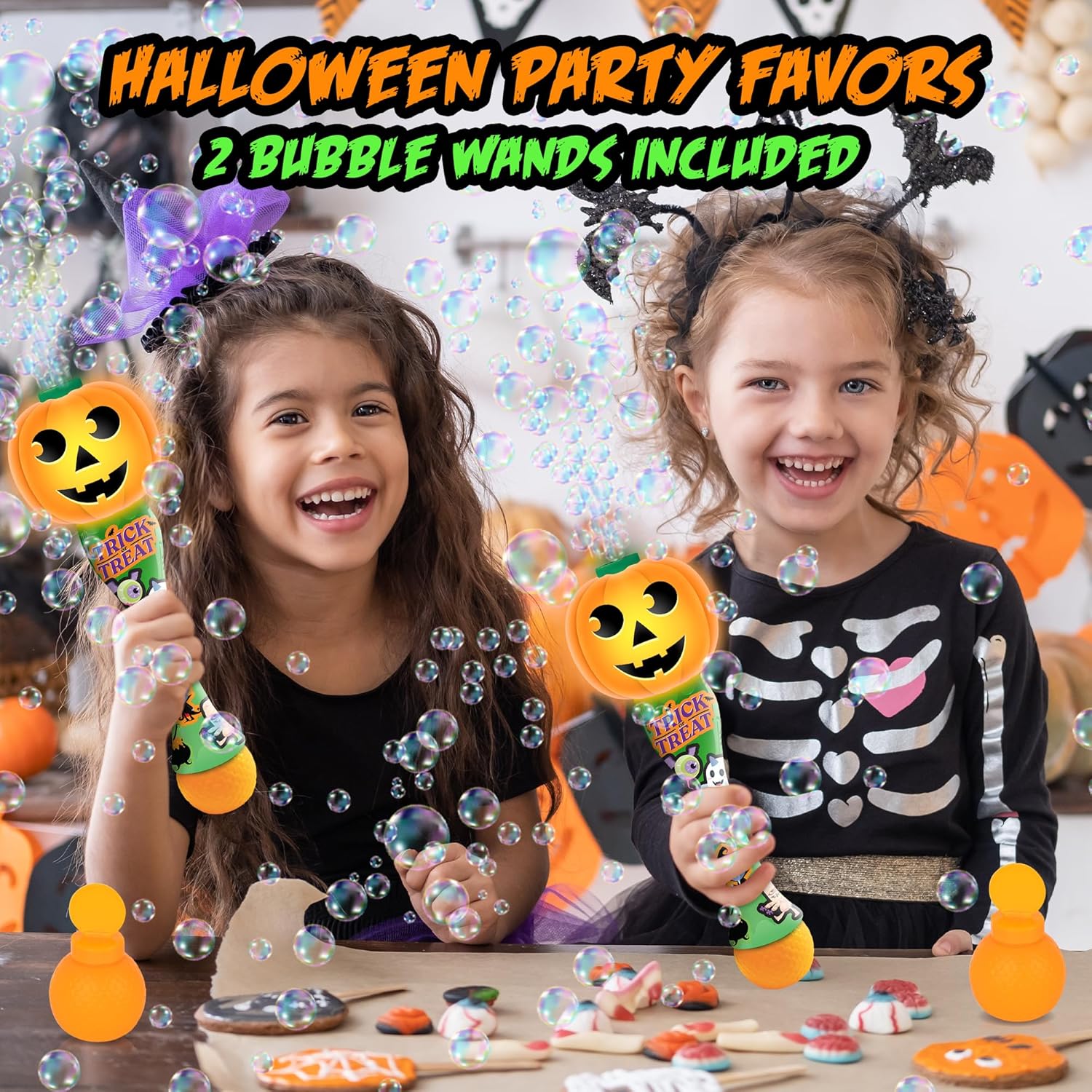 ArtCreativity Halloween Bubble Wand for Kids (2 Pack), 14" Light Up Pumpkin Bubble Wand with LED & Haloween Music, Halloween Boo Basket Stuffers for Kids, Haloween Toys for Toddlers