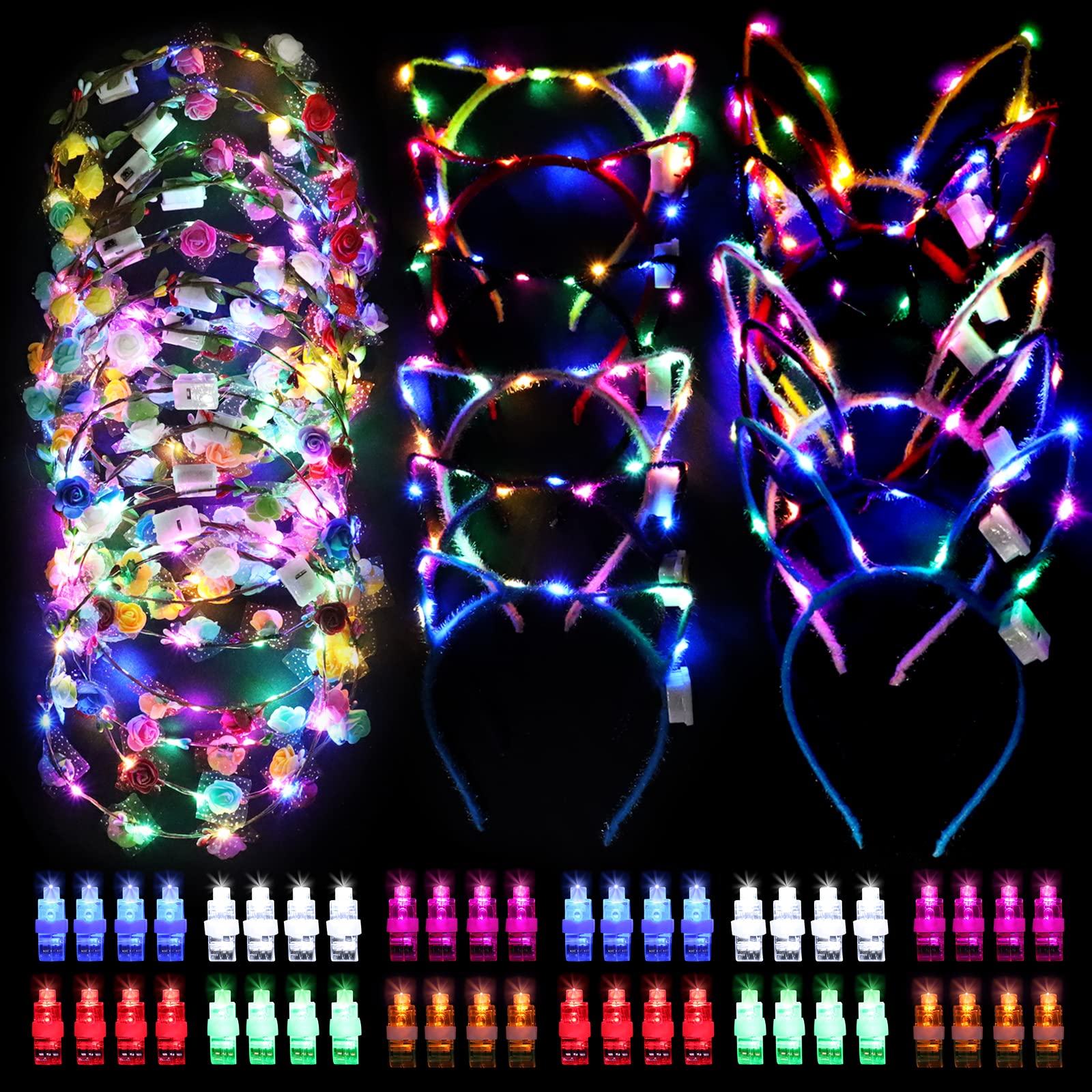 QUERICKY 12Pcs Light Up Flower Crown, 6Pcs Cat Ear Headband, 6Pcs Rabbit Ear Headband, 48Pcs Finger Lights, Glow in The Dark Party Supplies Light Up Party Favours for Birthday Neon Party