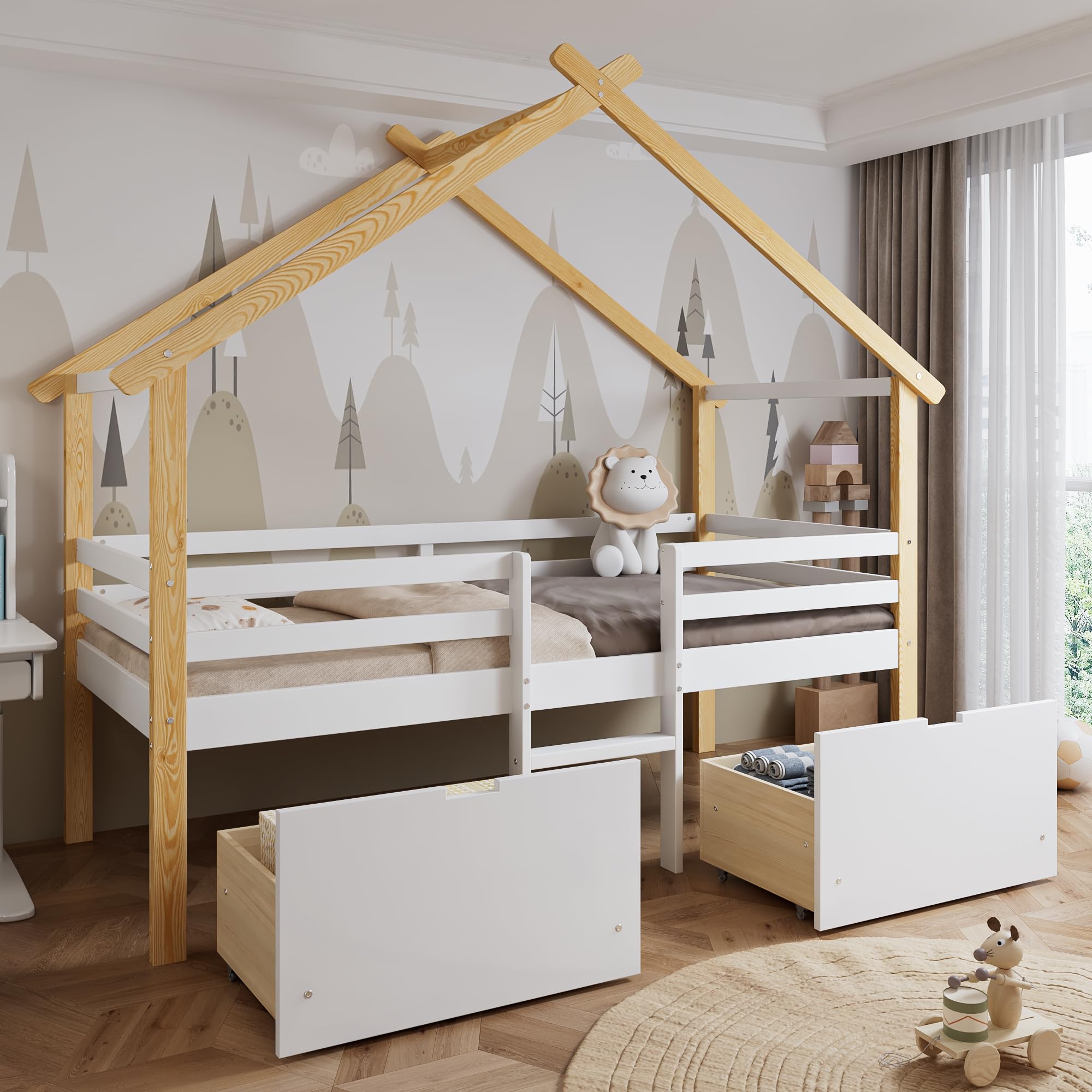 Ball & Cast Wooden Kids Bed with 2 Drawers, 3FT-90x190cm Children's Bed with Imitation Roof Shape and Safety Guardrail,White+Natural, No Mattress