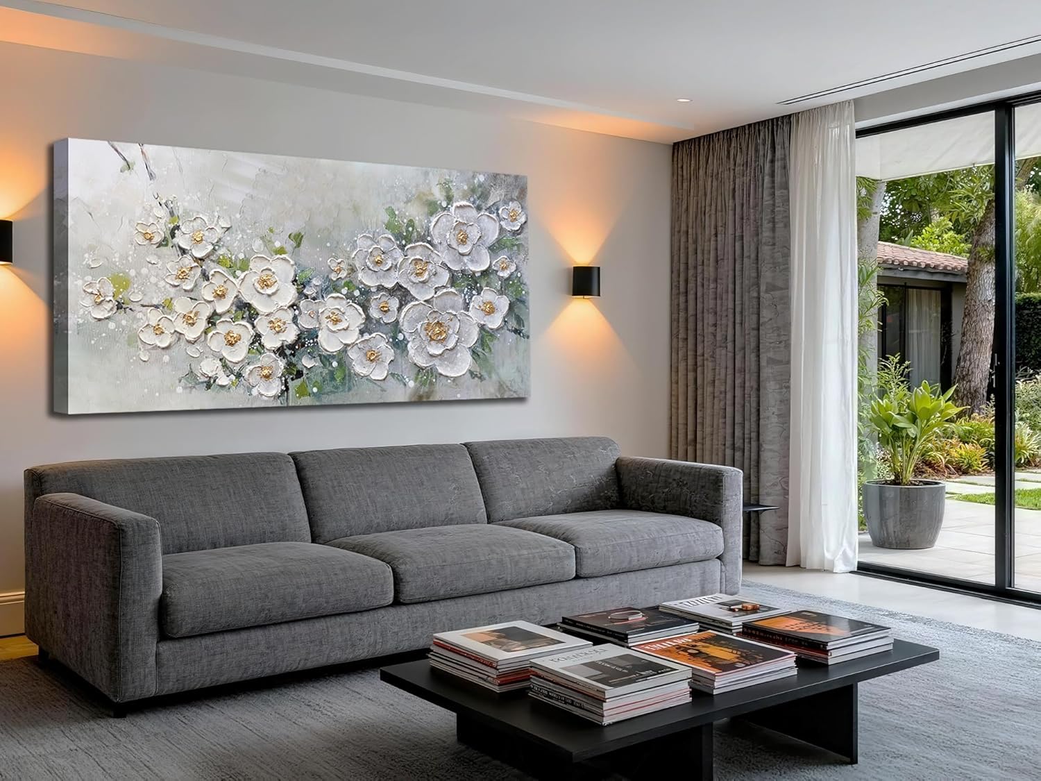 Brushart Large White Flower Wall Art Textured Floral Canvas Wall Art Decor Pictures Paintings Artwork for Living Room Dining Room Bedroom Home Office, 48"x24"