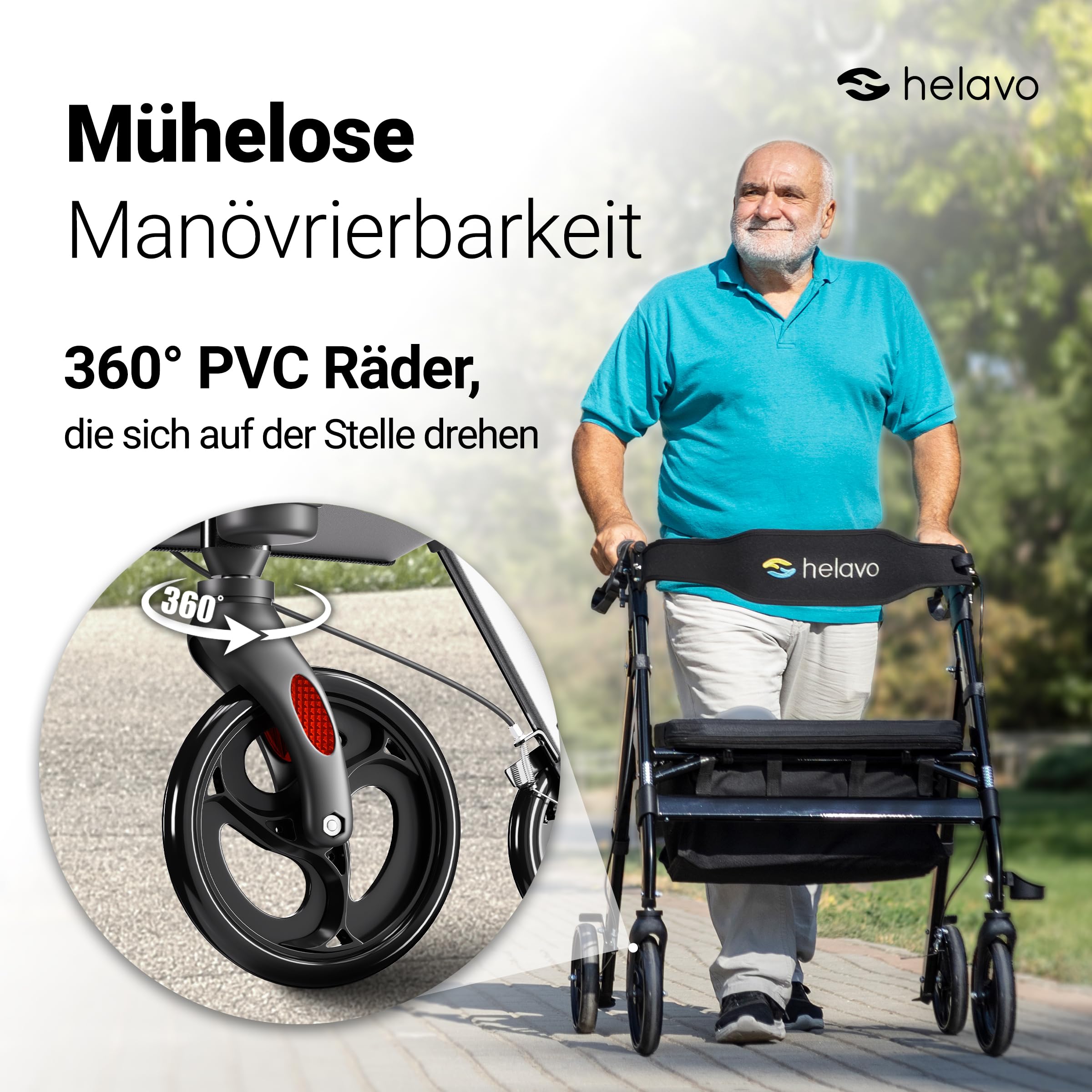 Helavo extrabreiter Schwerlastrollator mit großem Sitz - 226 kg Traglast | 57 cm Sitzbreite & 51 cm breite Sitzfläche - Verstärker Aluminiumrahmen - Höhenverstellbarer Sitz - 8" Allround-Reifen