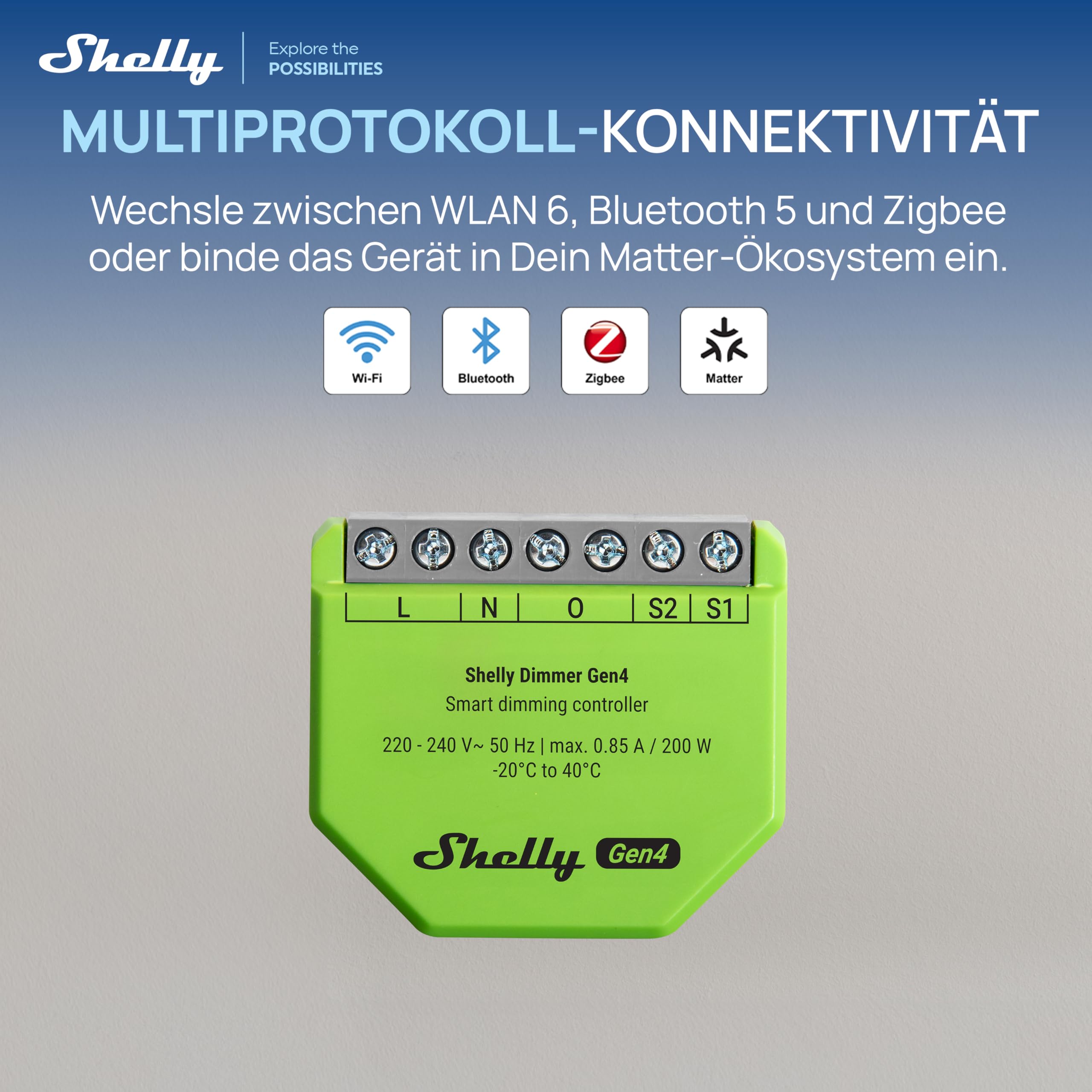 Shelly Dimmer Gen4 - WLAN Smart Dimmer, Matter-Zertifiziert, Dimmbare Lichter, Zigbee Lichtschalter, LED-Streifen, Zeitschaltuhr, Kein Neutralleiter, Kein Hub Еrforderlich, Alexa, Google & HomeKit