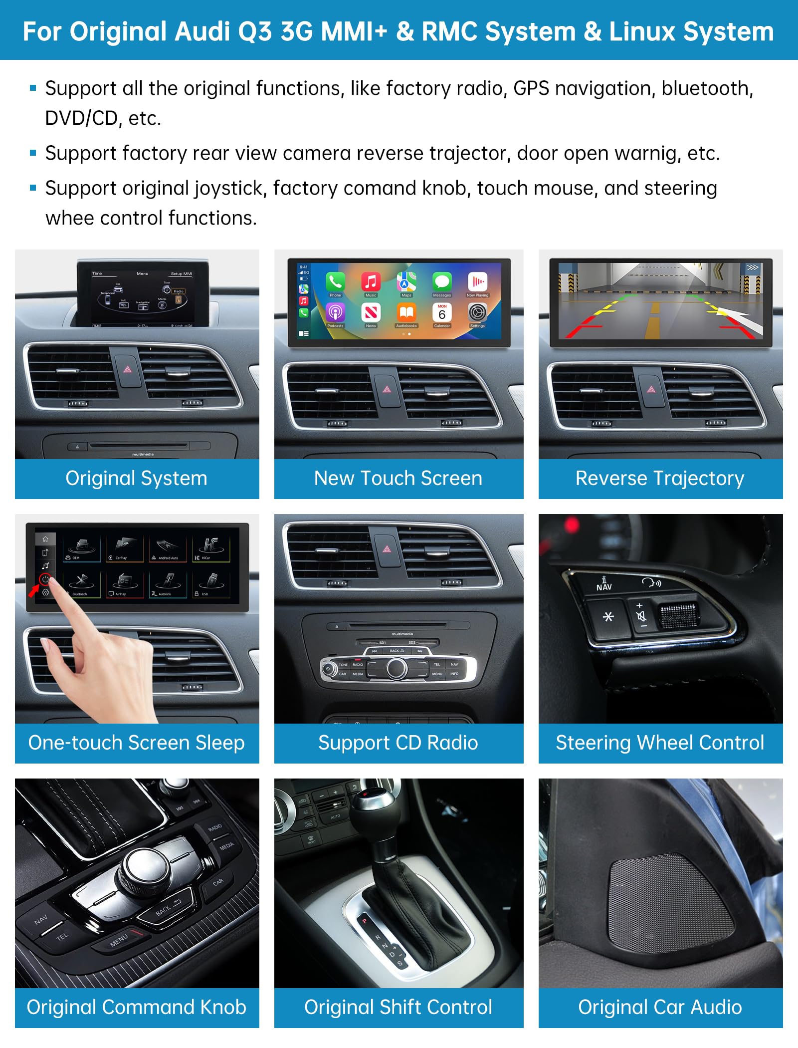 Radio samochodowe 10,25 cala z ekranem dotykowym, bezprzewodowym CarPlay i Android Auto do Audi Q3 z lat 2013-2018 z systemem 3G MMI/RMC, obsługuje MirrorLink, kamerę i nawigację