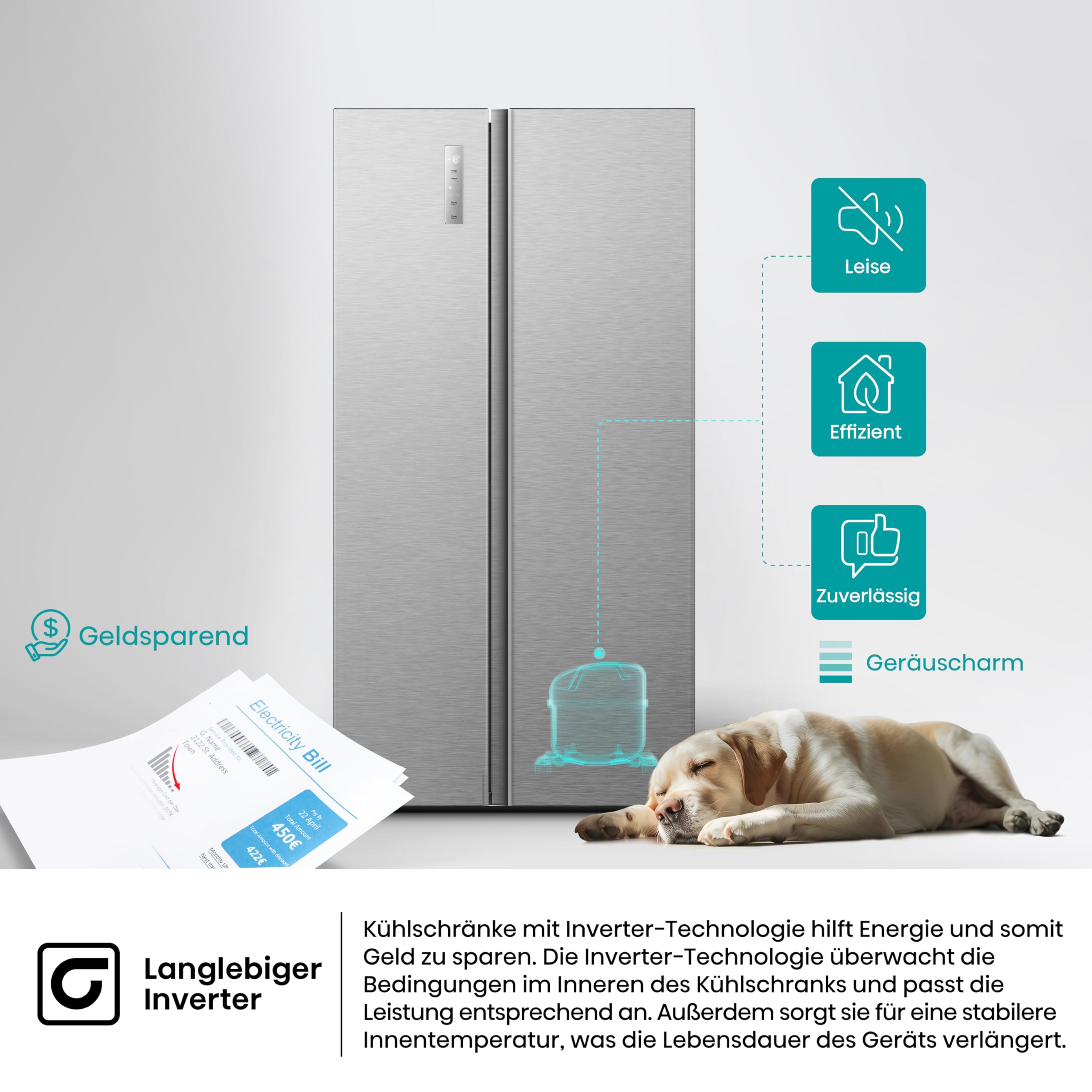 Hisense RS3P558NEIE Side-by-Side/ 544L/ Großes Fassungsvermögen/XXL Türfach/Multifunktionale Getränkeablage/Flat Duct/No Frost/SuperCool/BxHxT: 91,1×178,6×61,5cm/ Silber [Energieklasse E]