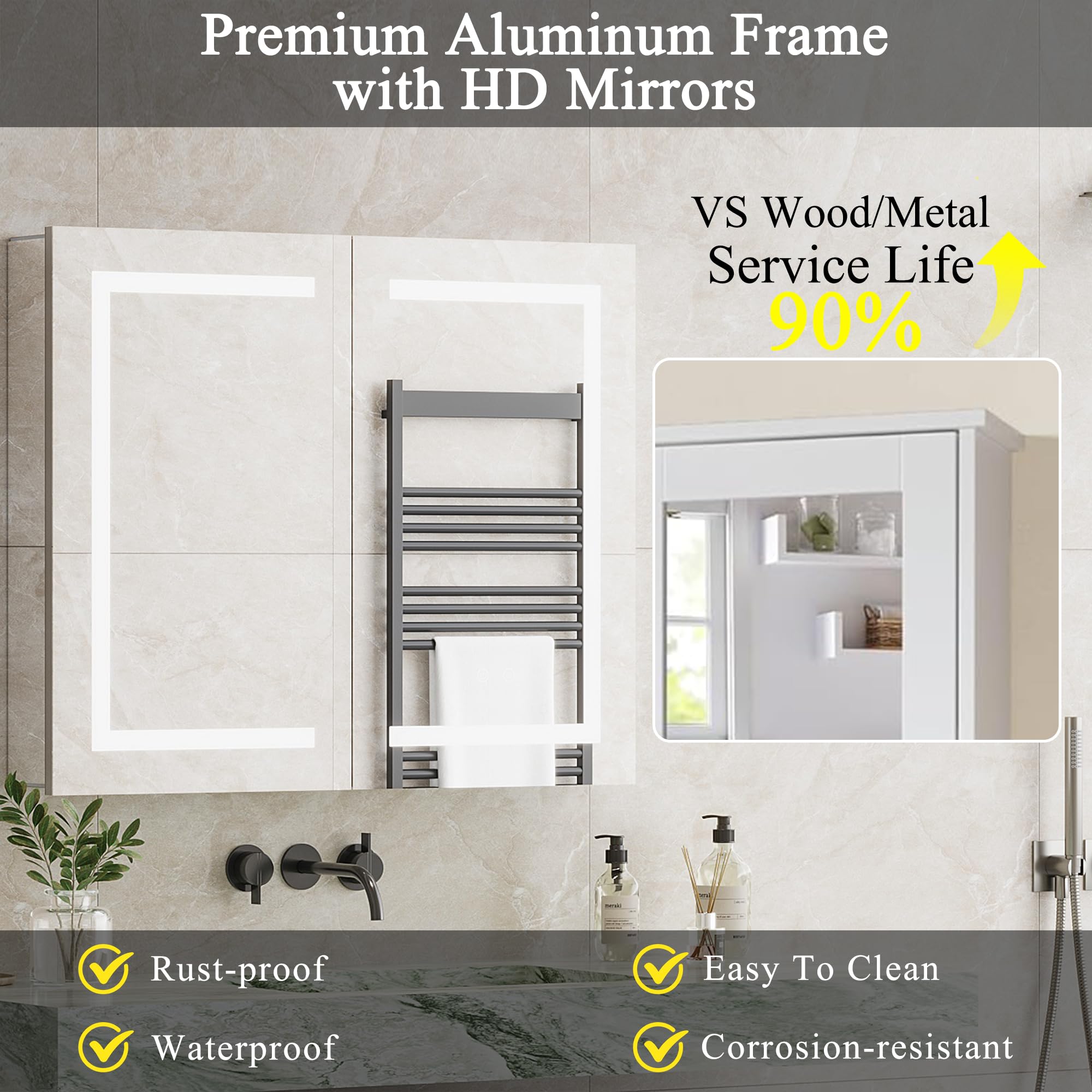 Armoire Salle De Bain 100% préinstallé avec Miroir LED Double Porte, Anti-Buée, Prise & USB, Étagères Réglables, Miroir Salle de Bain avec Rangement 80x60cm – Aluminium Inoxydable