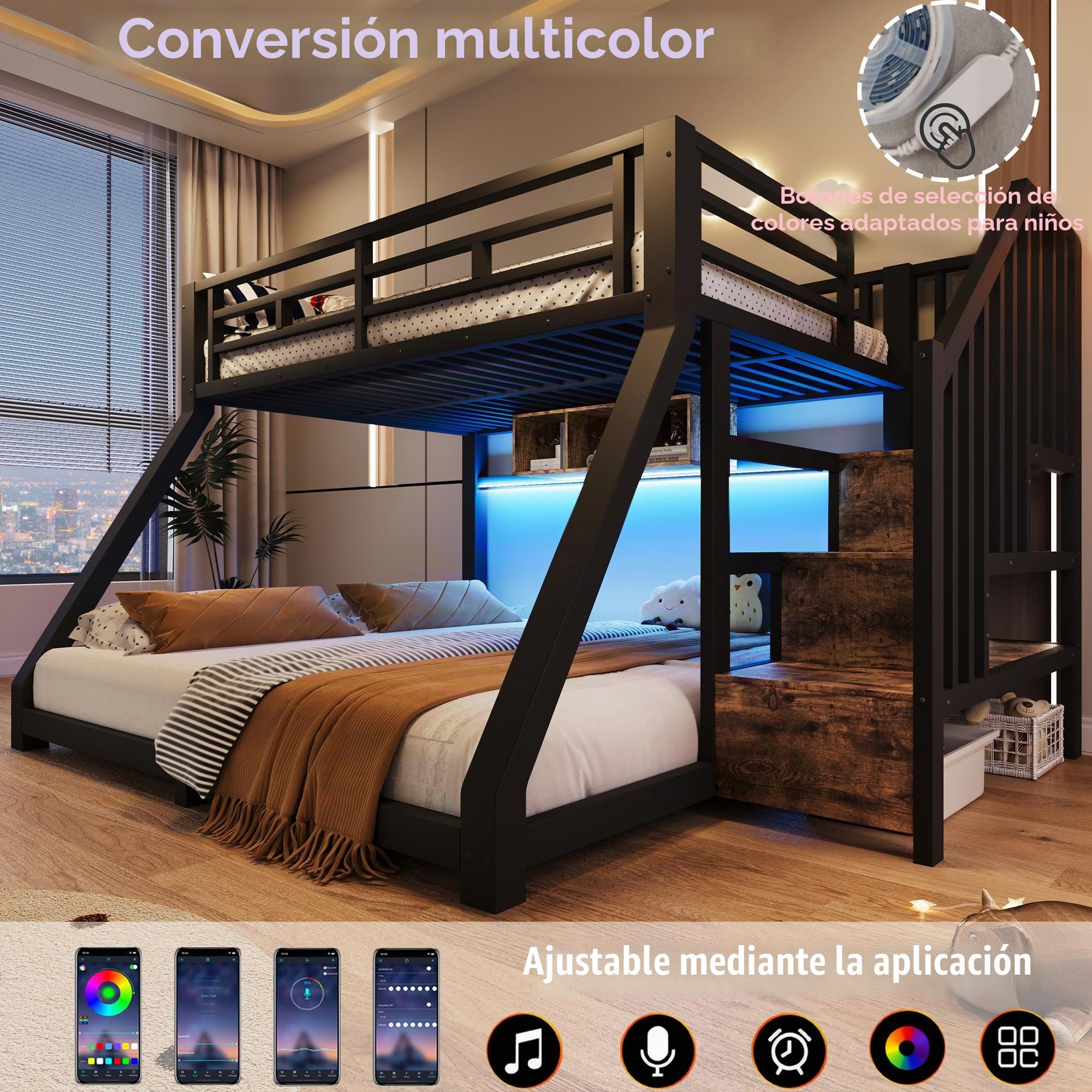 Litera con luces LED, cama superior de 90 x 200 cm, cama inferior de 140 x 200 cm, con 3 compartimentos de almacenamiento, material metálico con escalera de almacenamiento, barandilla y piecero, negro