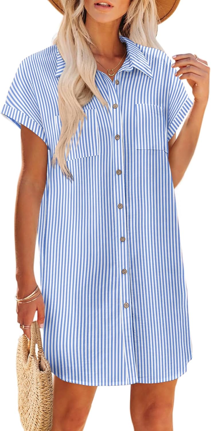 Zeagoo Summer Dresses for Women 2026 Cotton Button Down Short Sleeve Tshirt Dresses Casual Mini Beach Dress