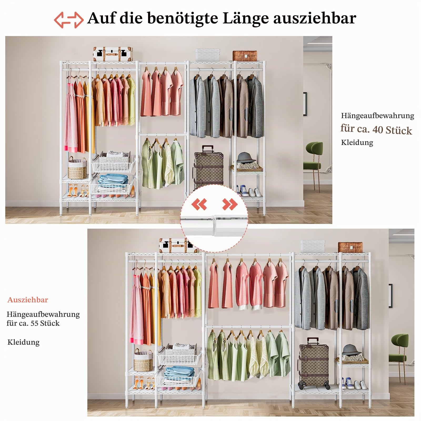 Schwerlast Kleiderständer, 2 Korbs, 6 Ablagen, (249-297) x40x192 cm
