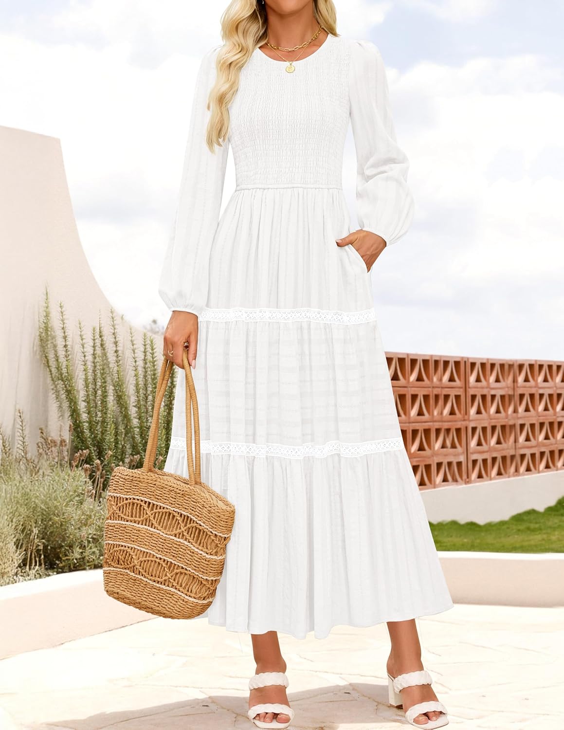 ZESICA Women's Spring Long Sleeve Maxi Dresses 2026 Casual Crewneck Smocked A Line Tiered Flowy Wedding Guest Long Dress - Image 2