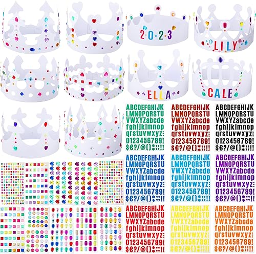 Teling 136 Pcs Paper Crowns for Kids to Decorate DIY White Blank Paper Princess Prince Crown with Gem Jewels Alphabet Number Letter Crown Stickers
