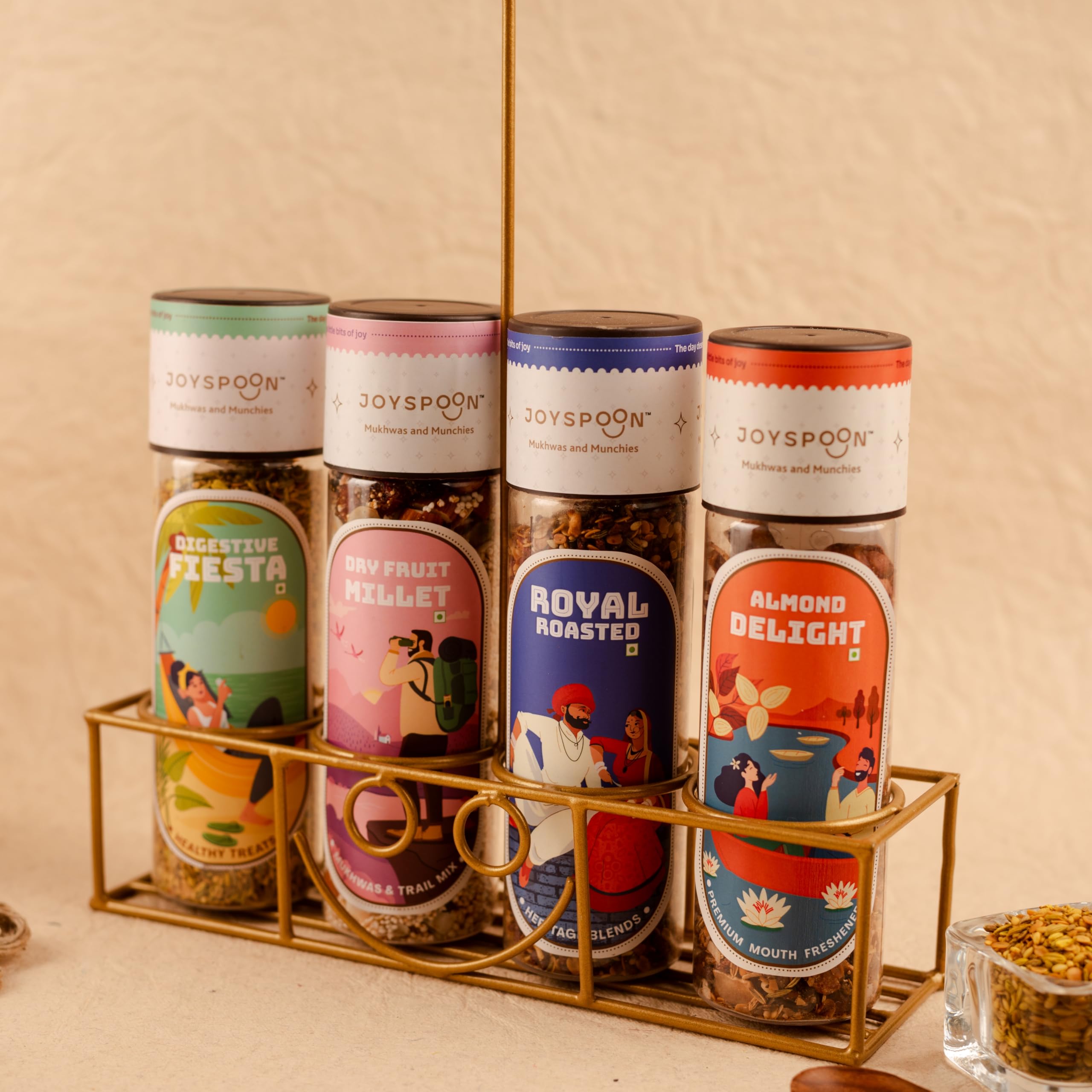 JoySpoon Iconic Joy Mukhwas Mouth Fresheners Gift Hamper | Trail Mix | Dry Fruit and Seed Mix Mukhwas | Sugar-Free Snacks | Gift Hamper of 4 | Festive Gift Hamper | Supari Free Mukhwas