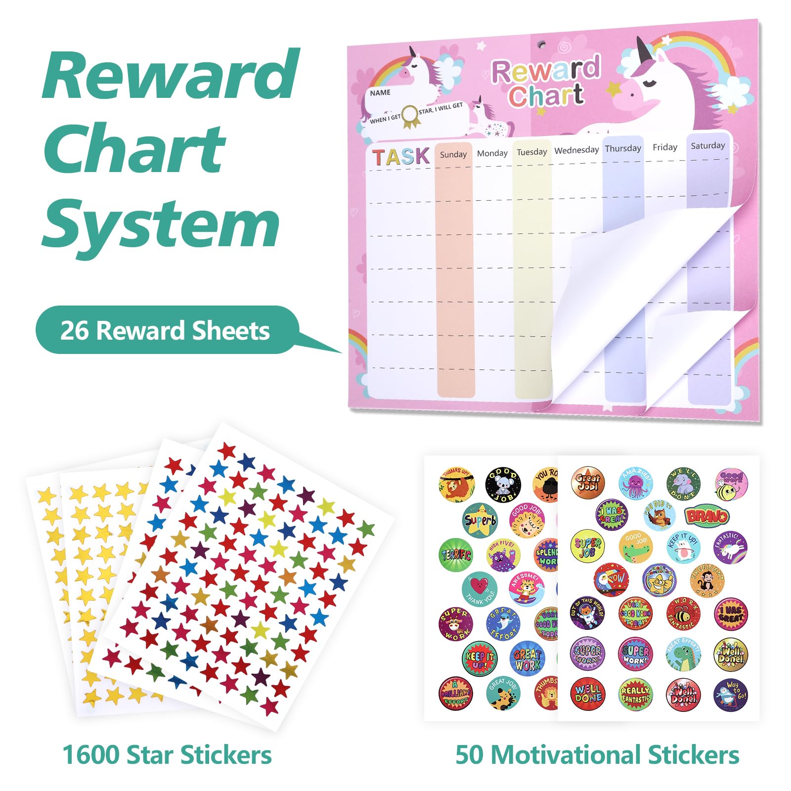 Sistema de gráfico de recompensas de comportamiento para niños, tabla de recompensas para niños con 26 hojas de recompensa, tabla de recompensas magnética para niños con 1600 calcomanías de estrellas