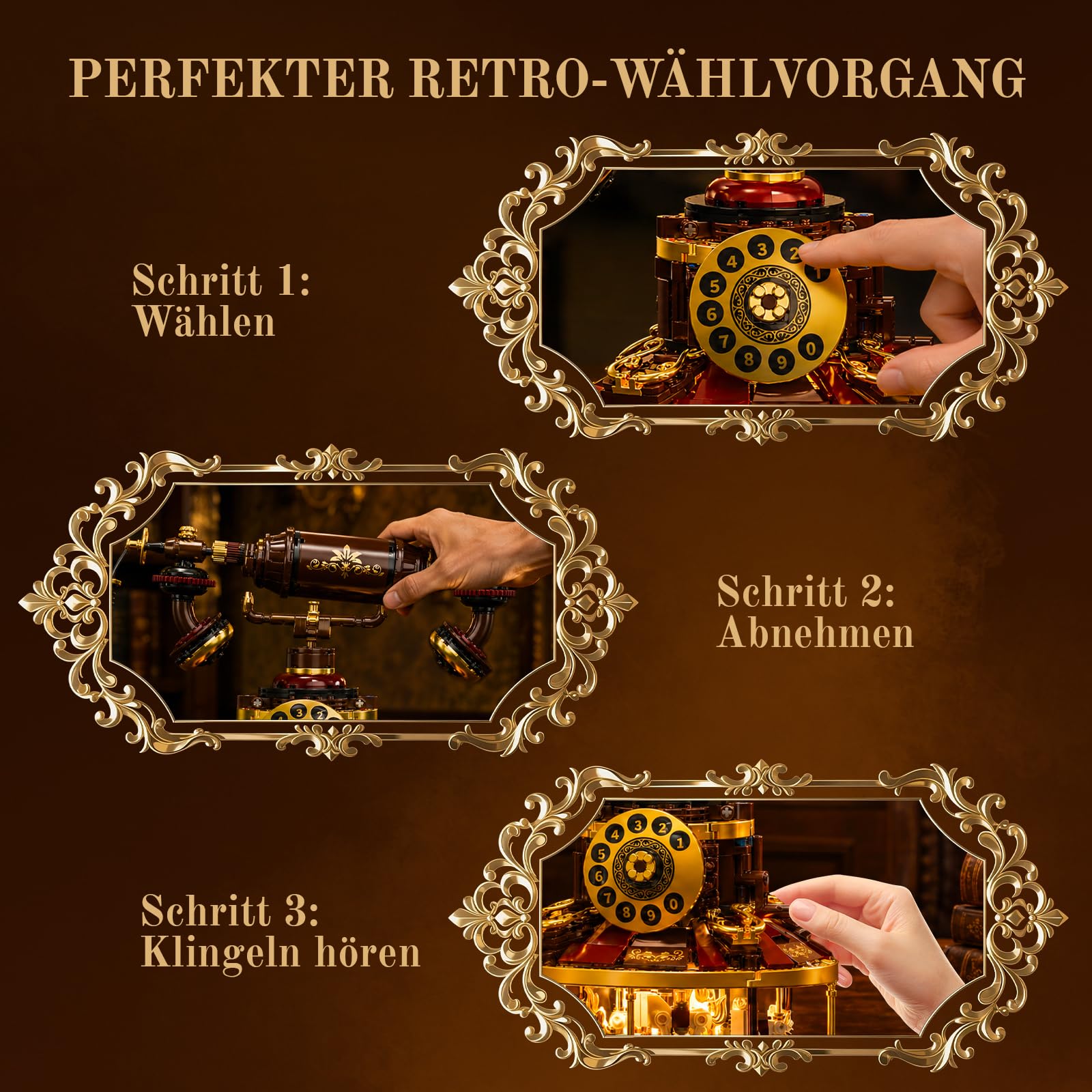 2 IN 1 Retro Telefon mit Licht, Modellbausatz Klemmbausteine für Erwachsene | 1130PCS Karussell-Baukasten, Vintage Deko, Vintage-Geschenk für Alle, Kreatives Wohnaccessoire, Sammler und Hobbyisten
