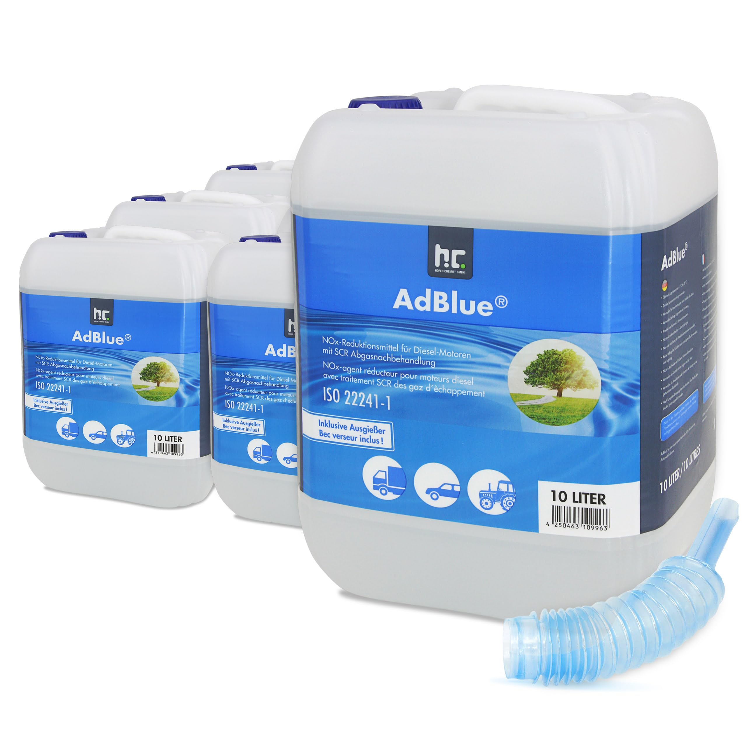 Höfer Chemie AdBlue 12 x 10L inkl. Ausgießer - Harnstofflösung für Diesel Autos wie BMW & VW - Kanister mit Ausgießer - Reduziert Giftige Stickoxide