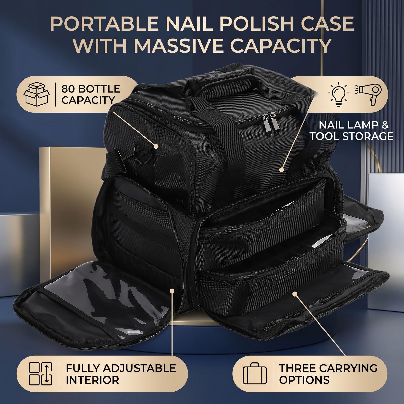 Generic Wodoodporna Torba do Przechowywania Lakieru do Paznokci z Regulowanymi Przegródkami na 80 Butelek i lampką Paznokci, Przystosowana Podróży i Użytku domowego. Poliester