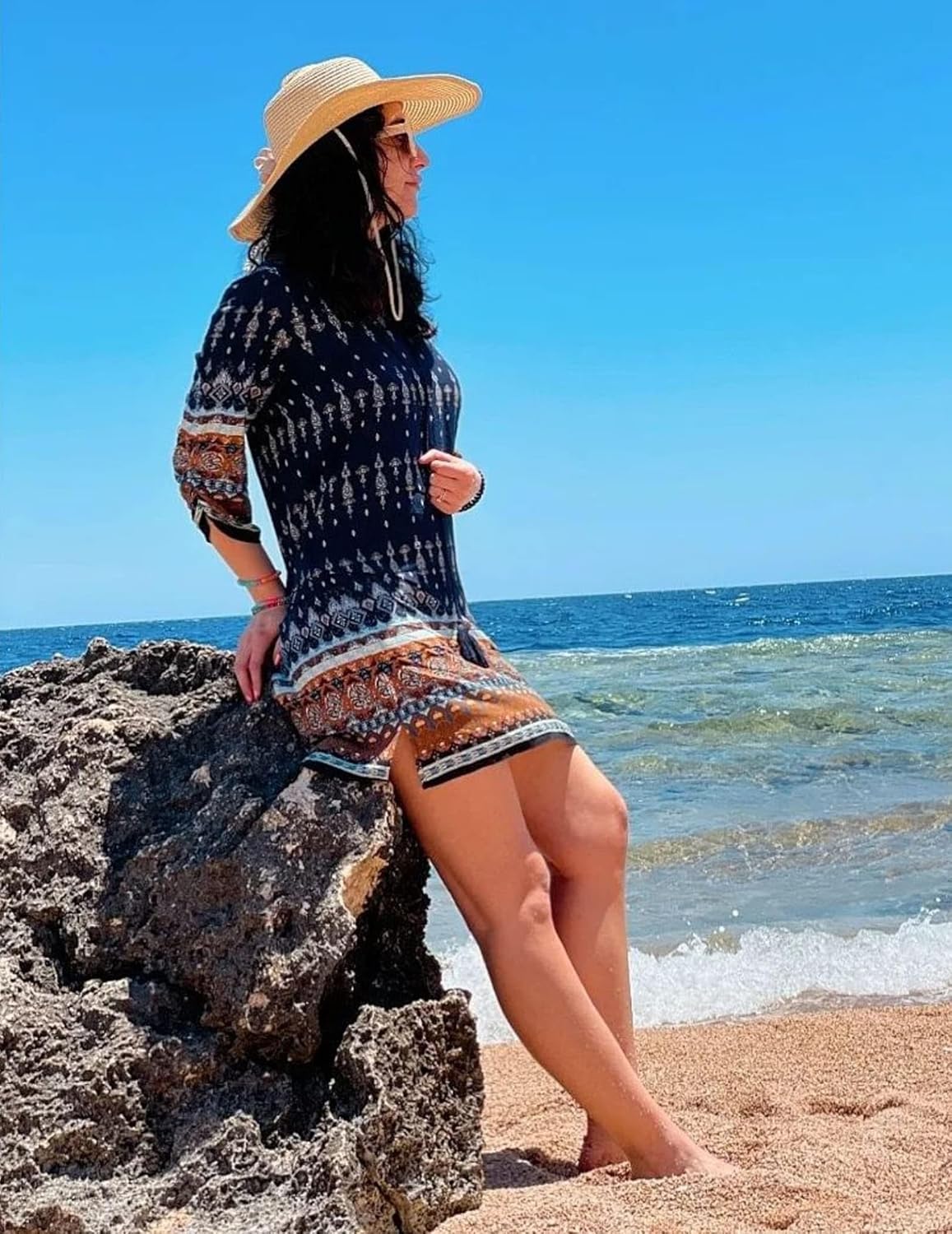 HOTOUCH Women Casual Beach Summer Dress Boho V Neck 3/4 Long Sleeve Short Floral Print Flowy Swimsuit Cover Up Sundress - Image 5