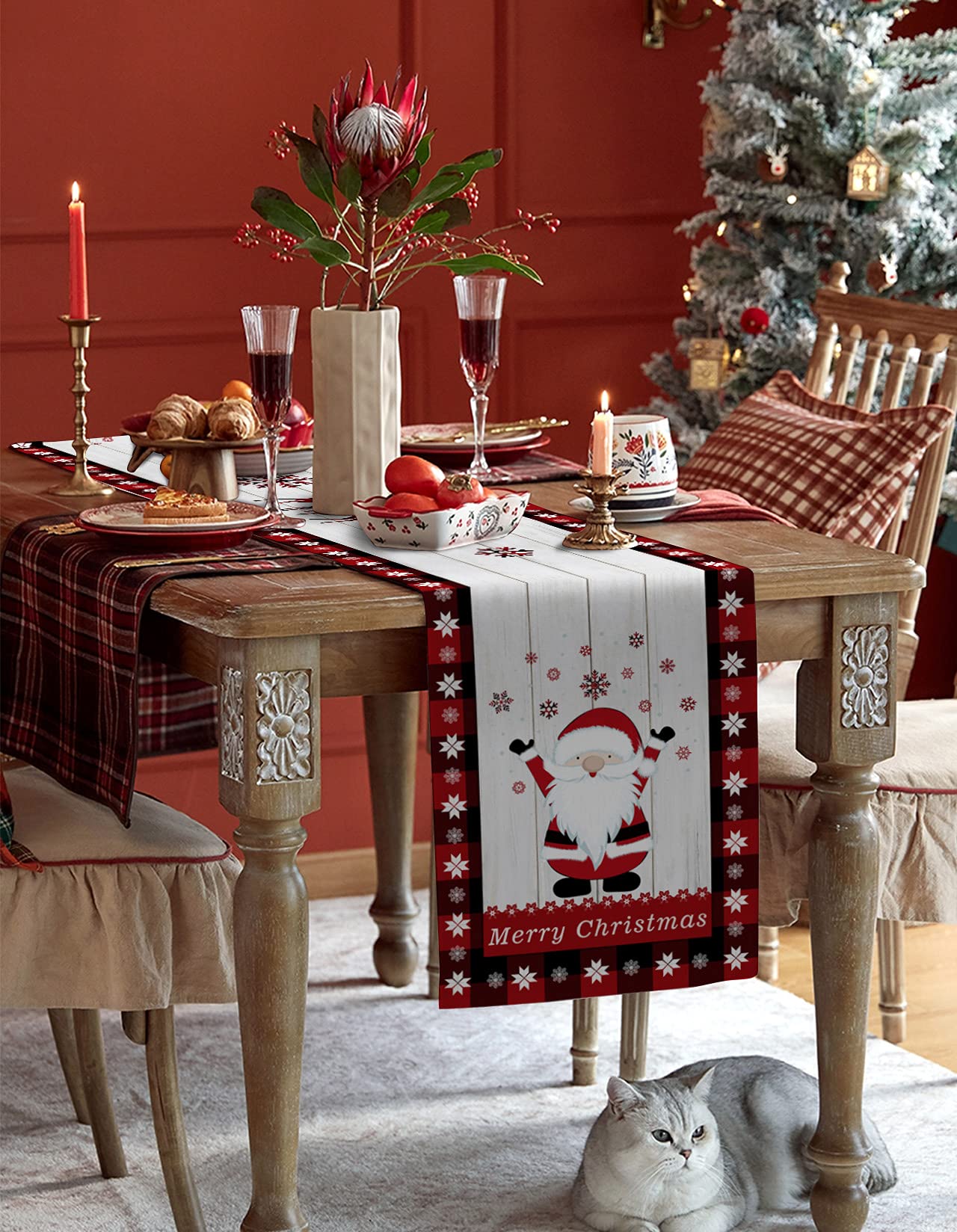 Christmas Dining Table Runner Dresser Scarf Linen Burlap Fabric, Xmas Gnome Elf Snowflakes on Retro Wooden Grain Washable Table Runners 90 Inches Long for Farmhouse Kitchen Wedding Party Decor : Home &