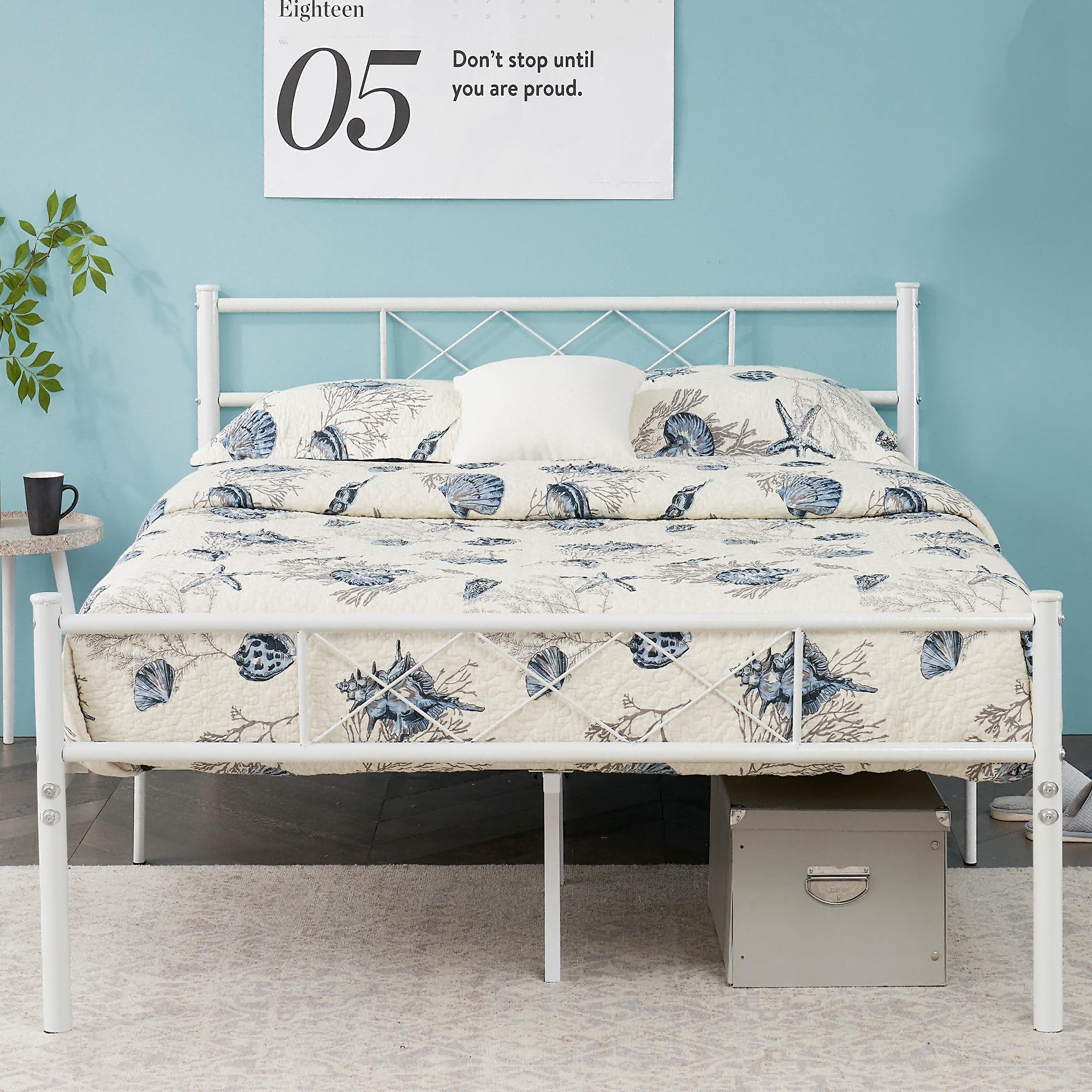 VECELO Queen Size Bed Frame with Headboard, Heavy-Duty Platform with Strong Metal Slats, No Box Spring Needed, Easy Assembly, White