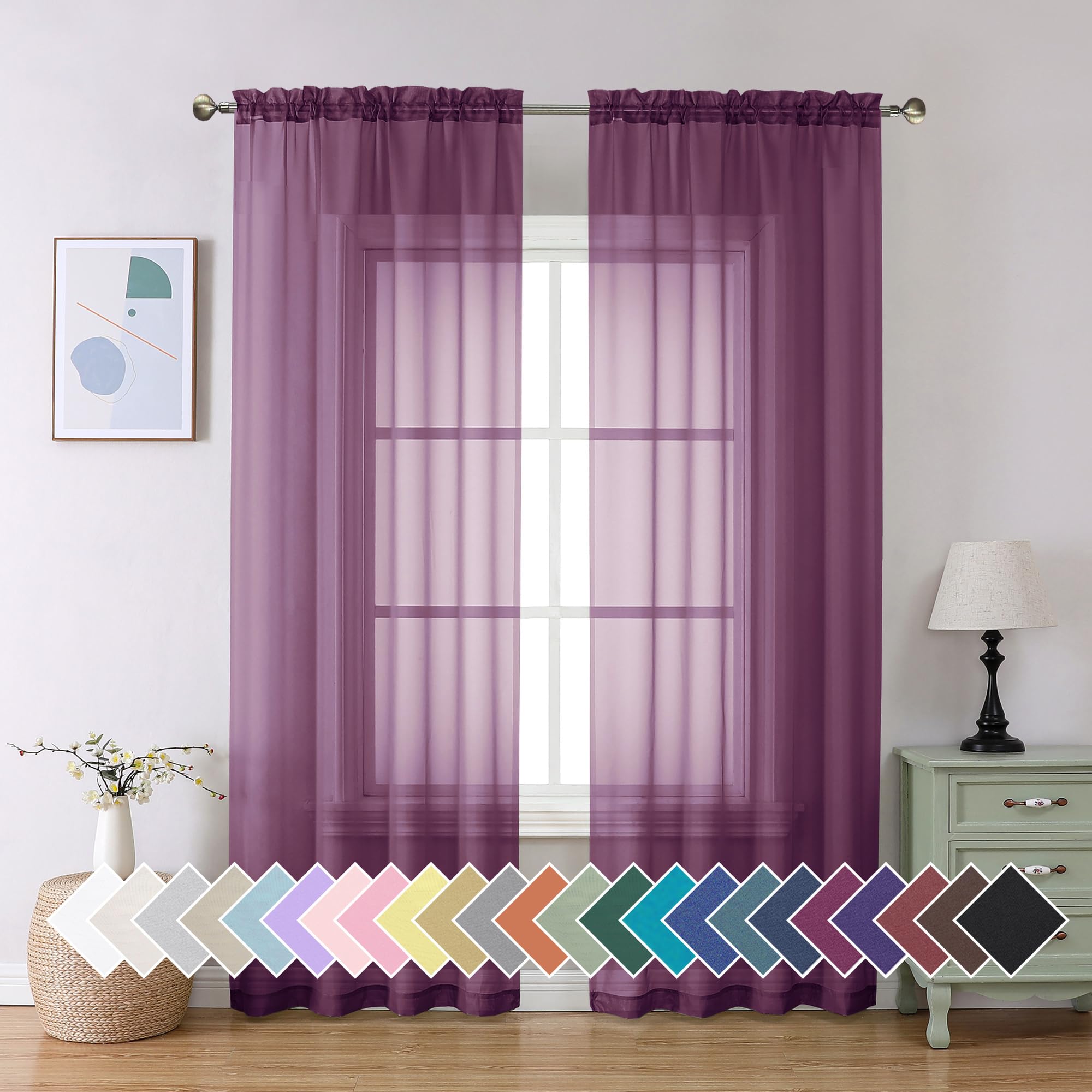 Aiyufeng Plum Purple Sheer Curtains 84 inches Long Solid Voile Double Rod Pocket Elegant Breathable Window Drapes for Nursery Bedroom Living Room 40" x 2 Panels