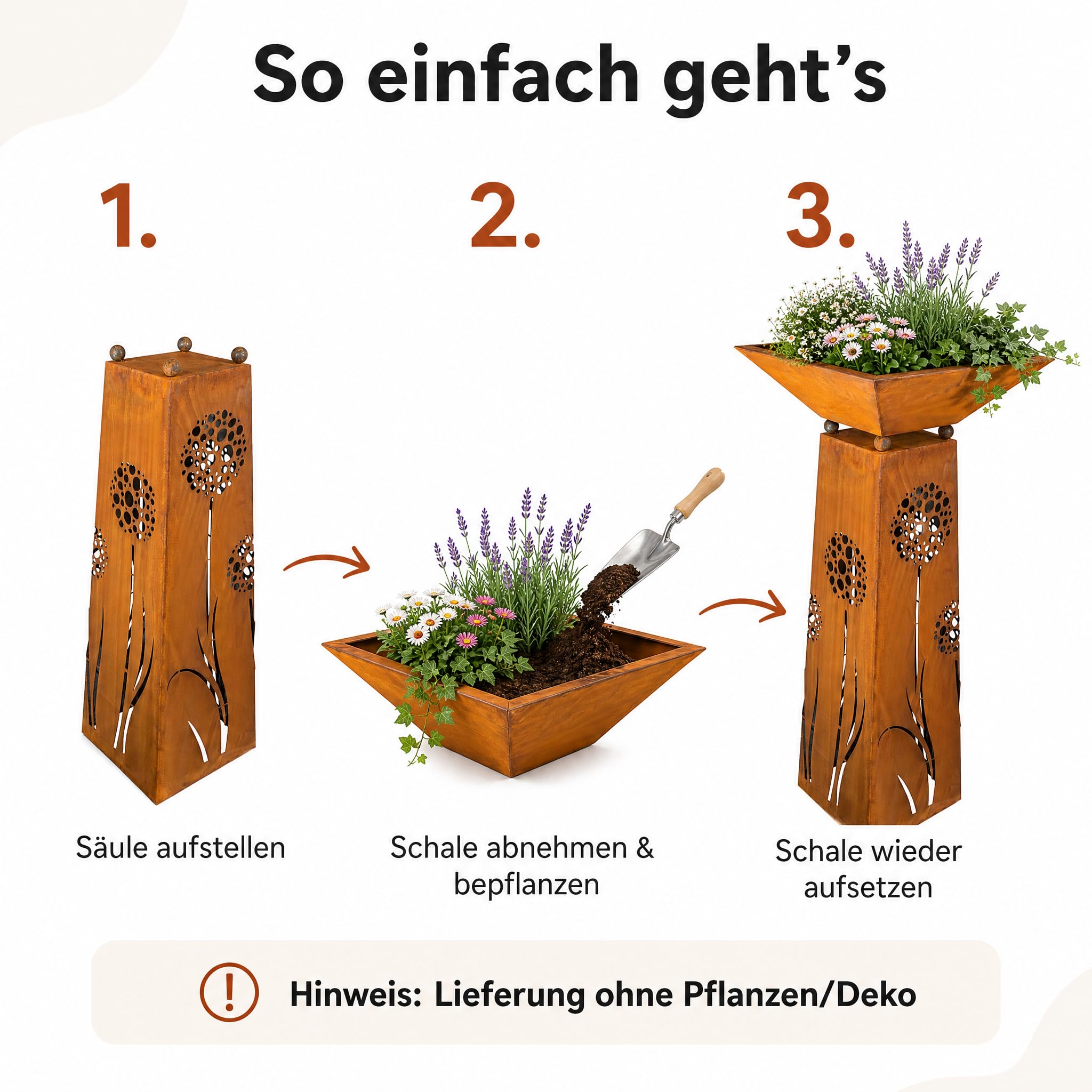 Rostikal Edelrost Pflanzsäule mit Schale 120 cm – Rostige Gartendeko mit Pusteblumen-Motiv – Handgefertigter Blumenständer mit eckiger Pflanzschale 50 x 50 cm - wetterfester Cortenstahl