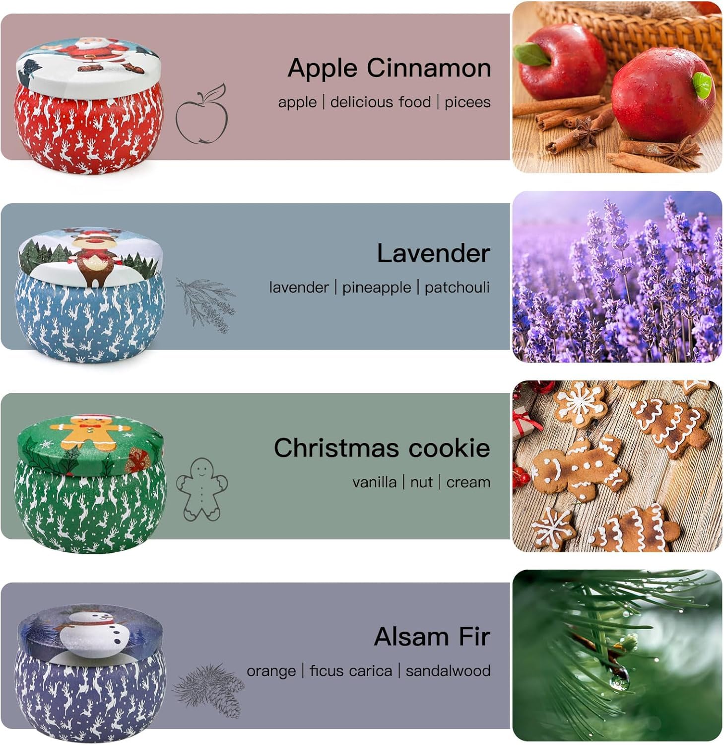 Christmas Candle Gift Set for Women, 4 Pack Long Lasting Soy Wax Candles with Lavender, Cookie, Fir & Cinnamon Apple Scents, Aromatherapy Candles for Home, Perfect Holiday Gifts