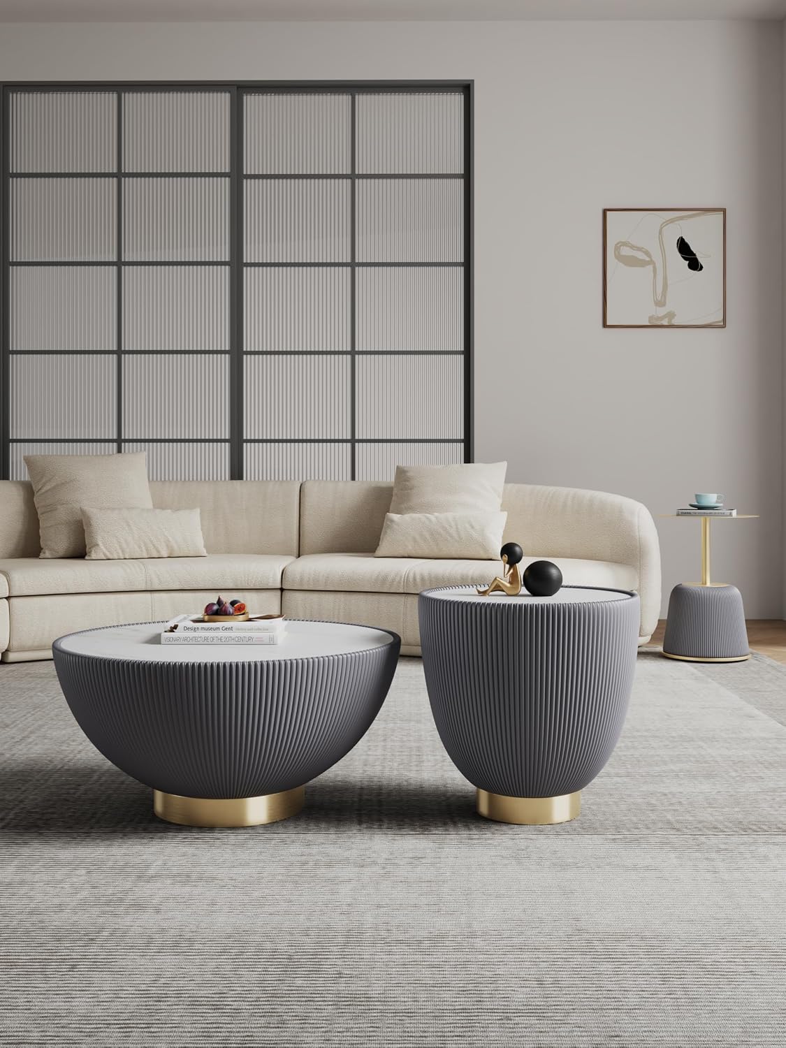 Manhattan Comfort Modern Anderson Coffee Table, 1.0 & 2.0 End Table, Upholstered in Grey Leatherette with Ceramic Faux Tabletop and Gold Metal Tabletop- Set of 3