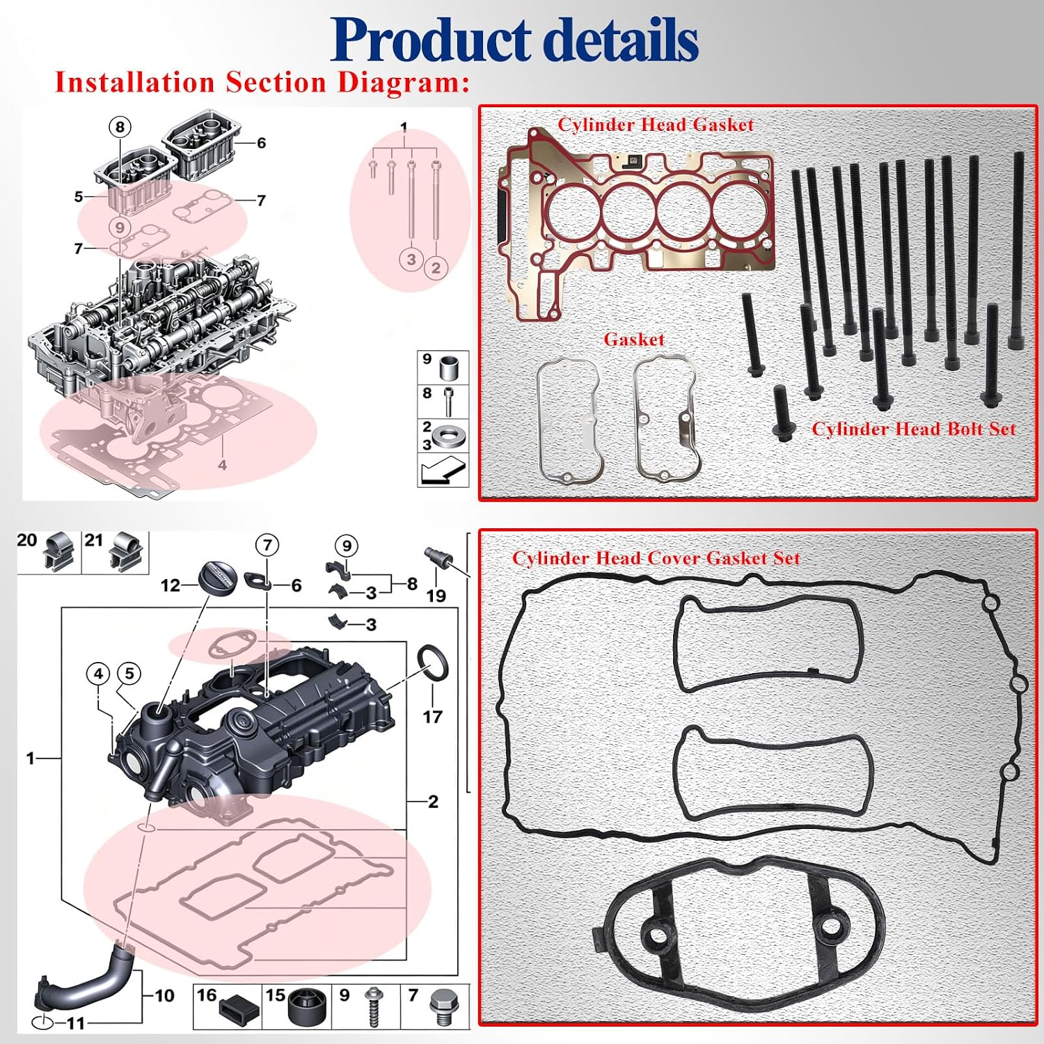 11128676519 11127588418 N20 Engine Cylinder Head Gasket Set & Head Bolts Kit For 2012–2017 220i 228i 320i 328i 428i X1 X3 X4 X5 Z4 2.0L L4 DOHC Turbo N20B20 N20B20A N20B20B Direct Replacement