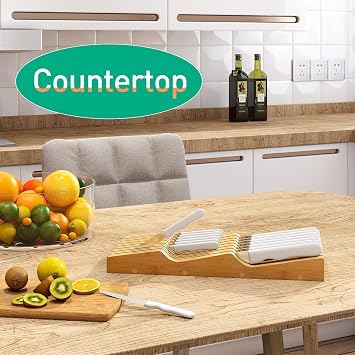 Bamboo Knife Drawer Organizer - Holder for 15 Knives, Fits Kitchen Drawer