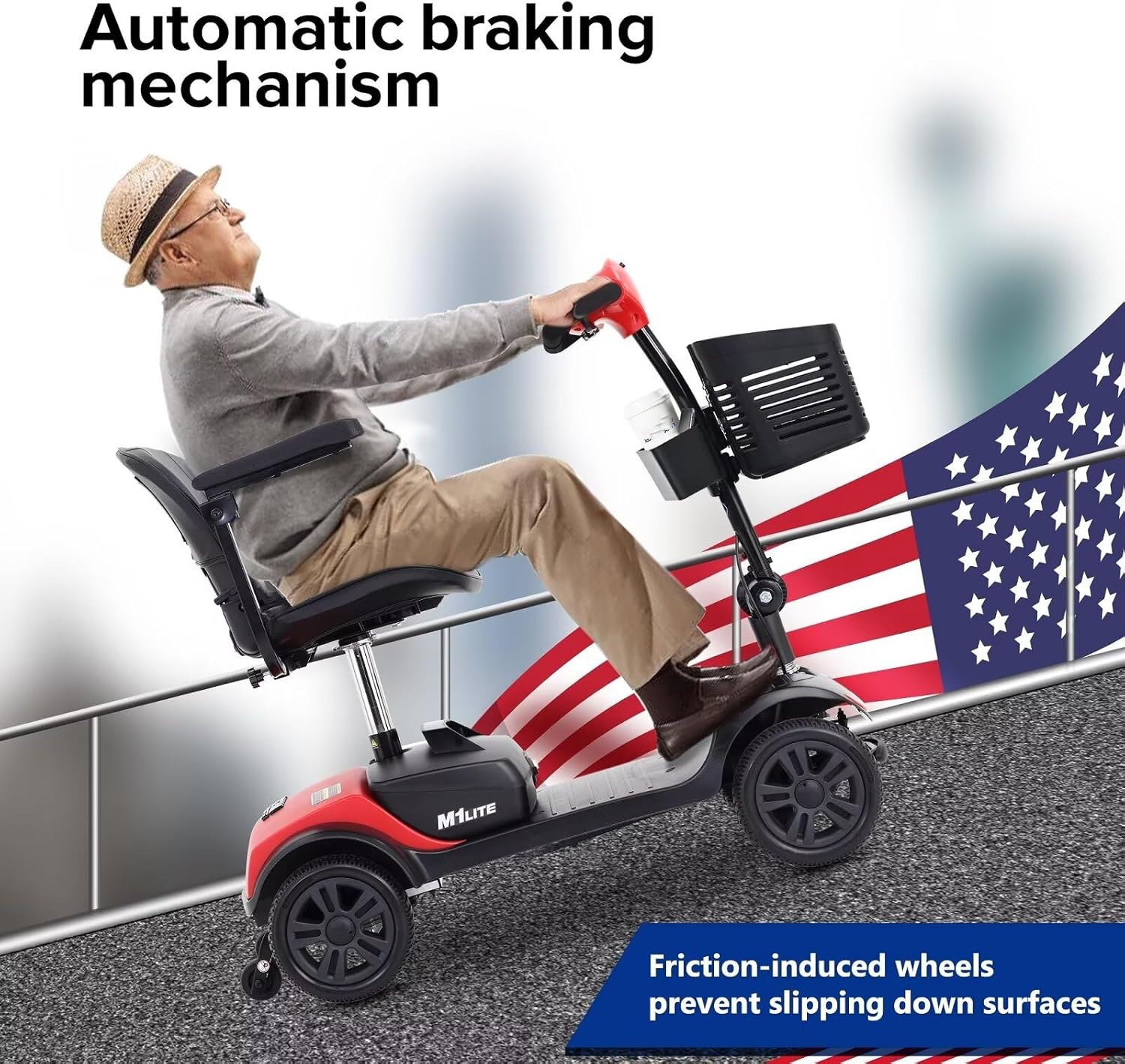 Mobility scooter control panel with labels for battery level, speed control, power switch, and horn button