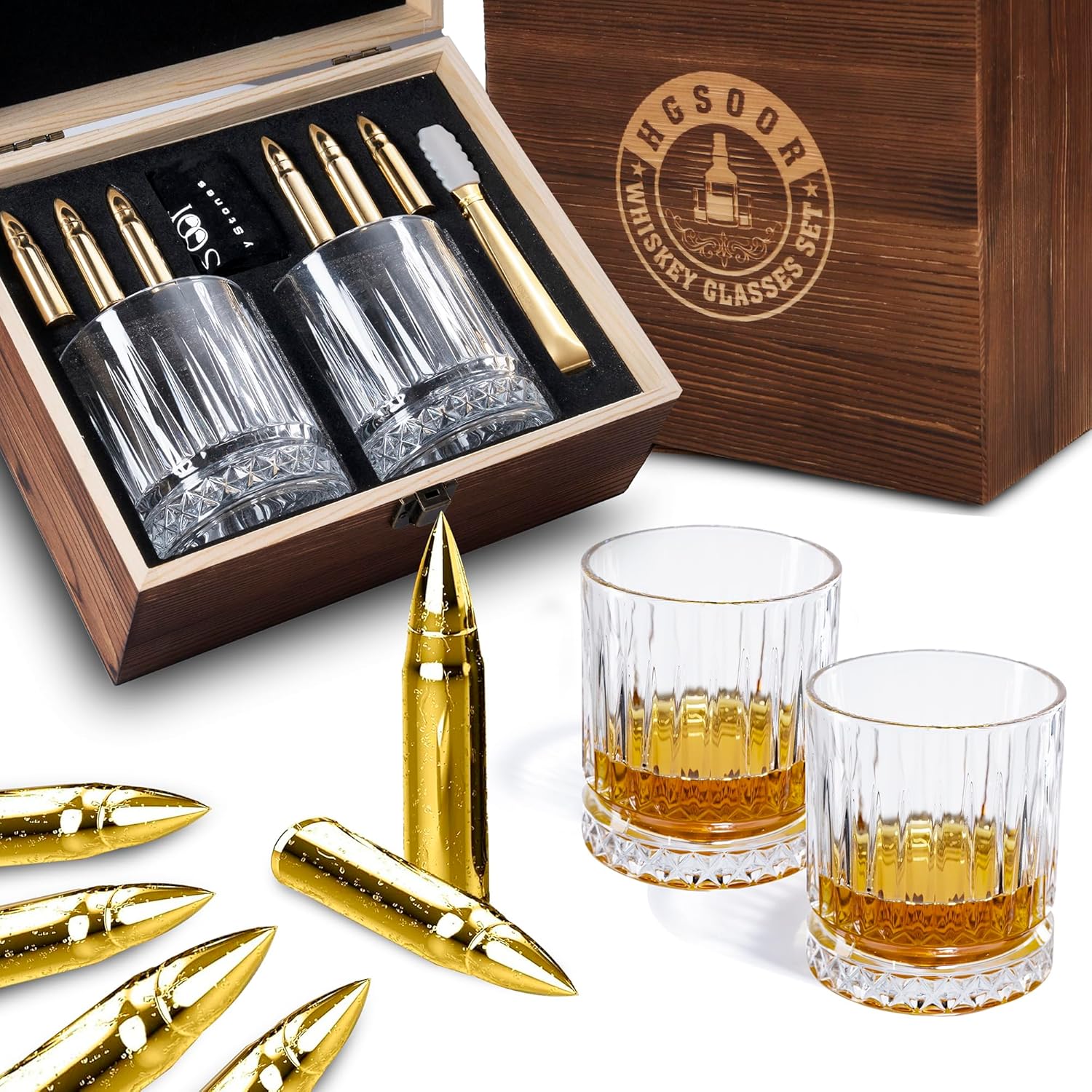 Gifts for Men Dad - Whiskey Glass Set with 6 Gold Bullet Whiskey Stones，Luxury Whiskey Set，Cool Bourbon Gifts for Men，Cool Drinking Accessories for Home Bar