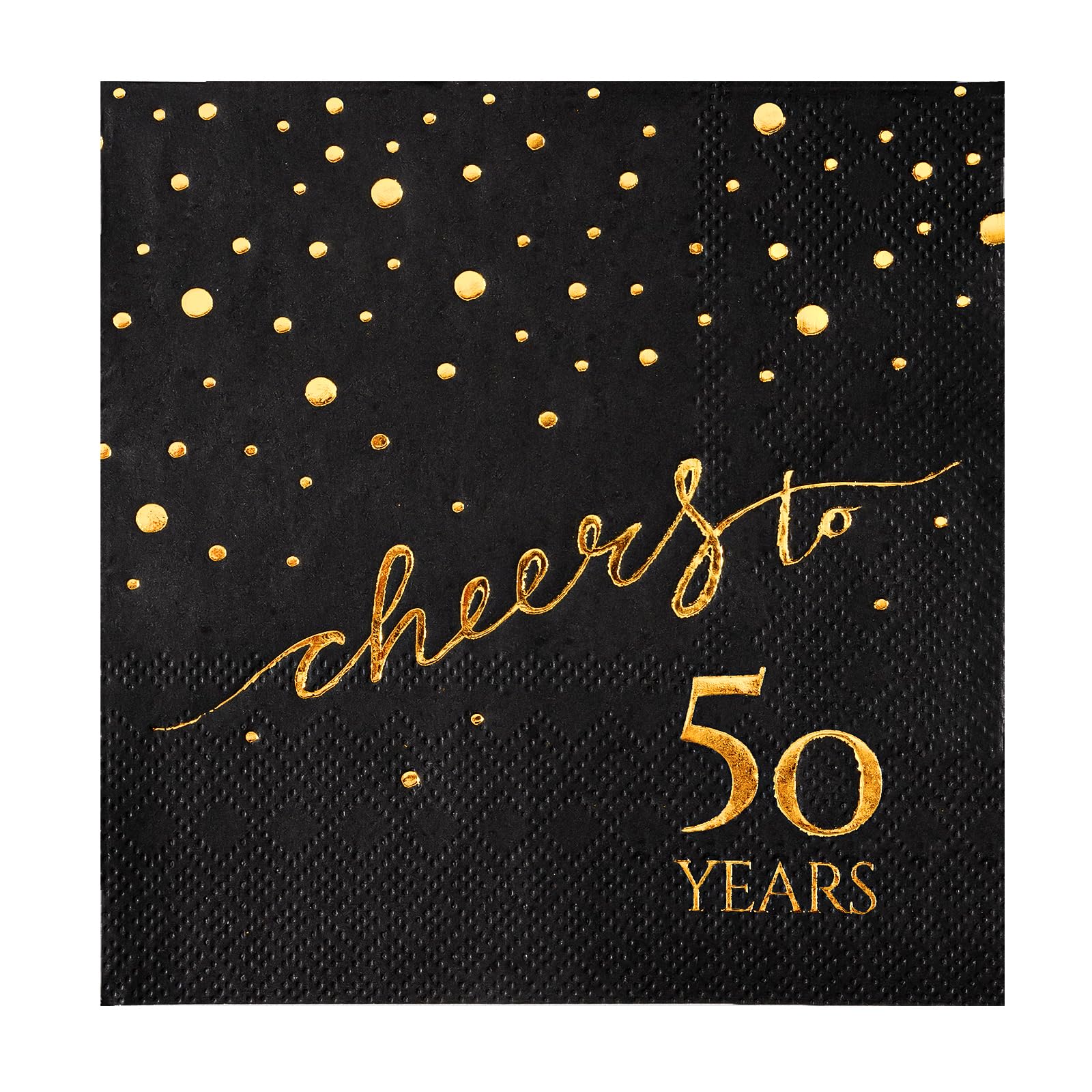 Paquete de 100 servilletas de 50 cumpleaños, servilletas de cóctel de 3 capas de 5 x 5 pulgadas, servilletas de papel para decoración de cumpleaños, boda, aniversario, negro y dorado