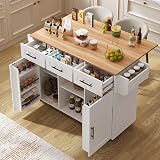 Mobile Kitchen Island with Wheels, Kitchen Trolley with Extendable Dining Table, Kitchen Side Cabinet with Adjustable Shelves, Spice Rack and 3 Drawers, 139 x 46-71 x 91.5 cm (White) - 1