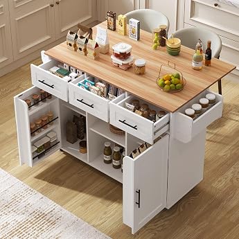 DRIXNO Kitchen Island Freestanding with Folding Worktop Kitchen Cupboard Kitchen Trolley on 5 Wheels with Shelf and 3 Drawers White for Dining Room 139 x 46 71 x 91.5 cm
