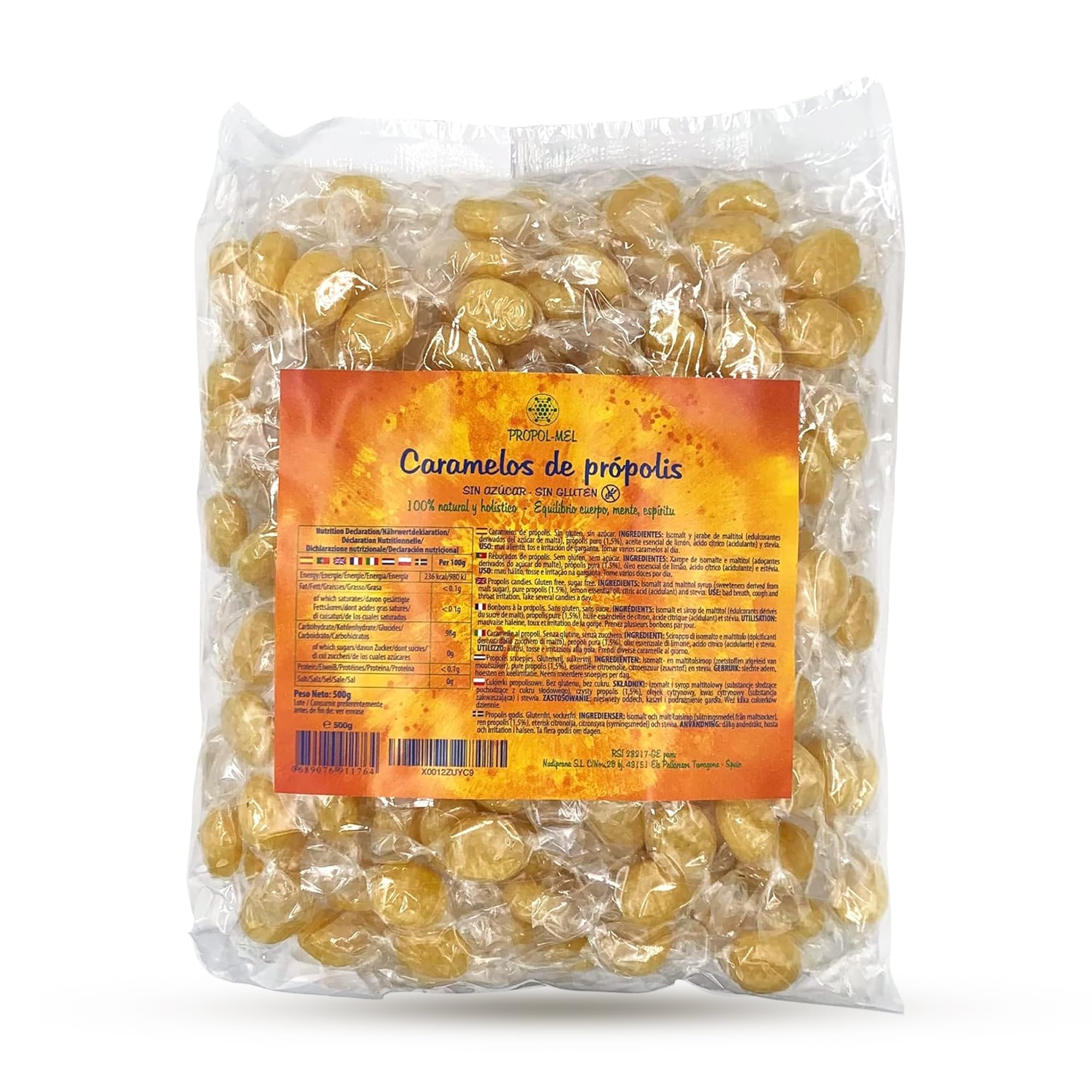 500 g - Caramelos de Propoleo Sin gluten y Sin azucar. Elaborado con propolis puro finamente troceado. Recomendado para el mal aliento, el aparato bucal y la garganta.