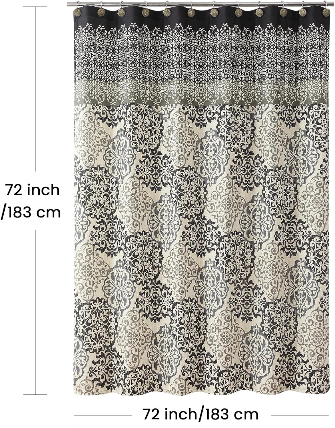 Fabric Shower Curtain, Black and Beige Boho Medallion Print Shower Curtains for Bathroom, 72" W x 72" H