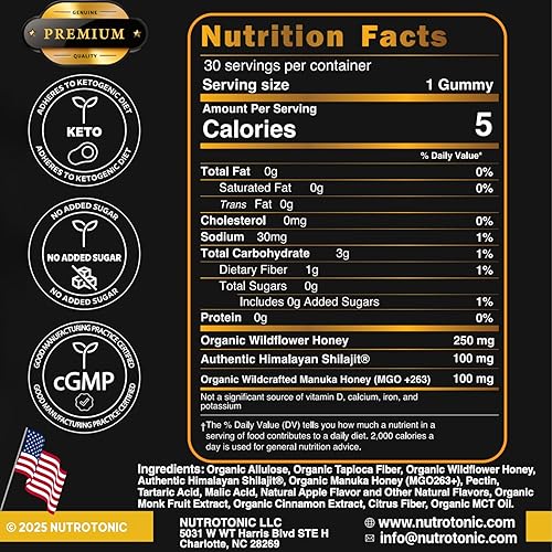 Miniatura 7 de NutroTonic Gomitas orgánicas SHILAJIT  Sabor a manzana y canela  Shilajit para hombres y mujeres  Sin azúcar añadido, endulzadas con miel de manuka