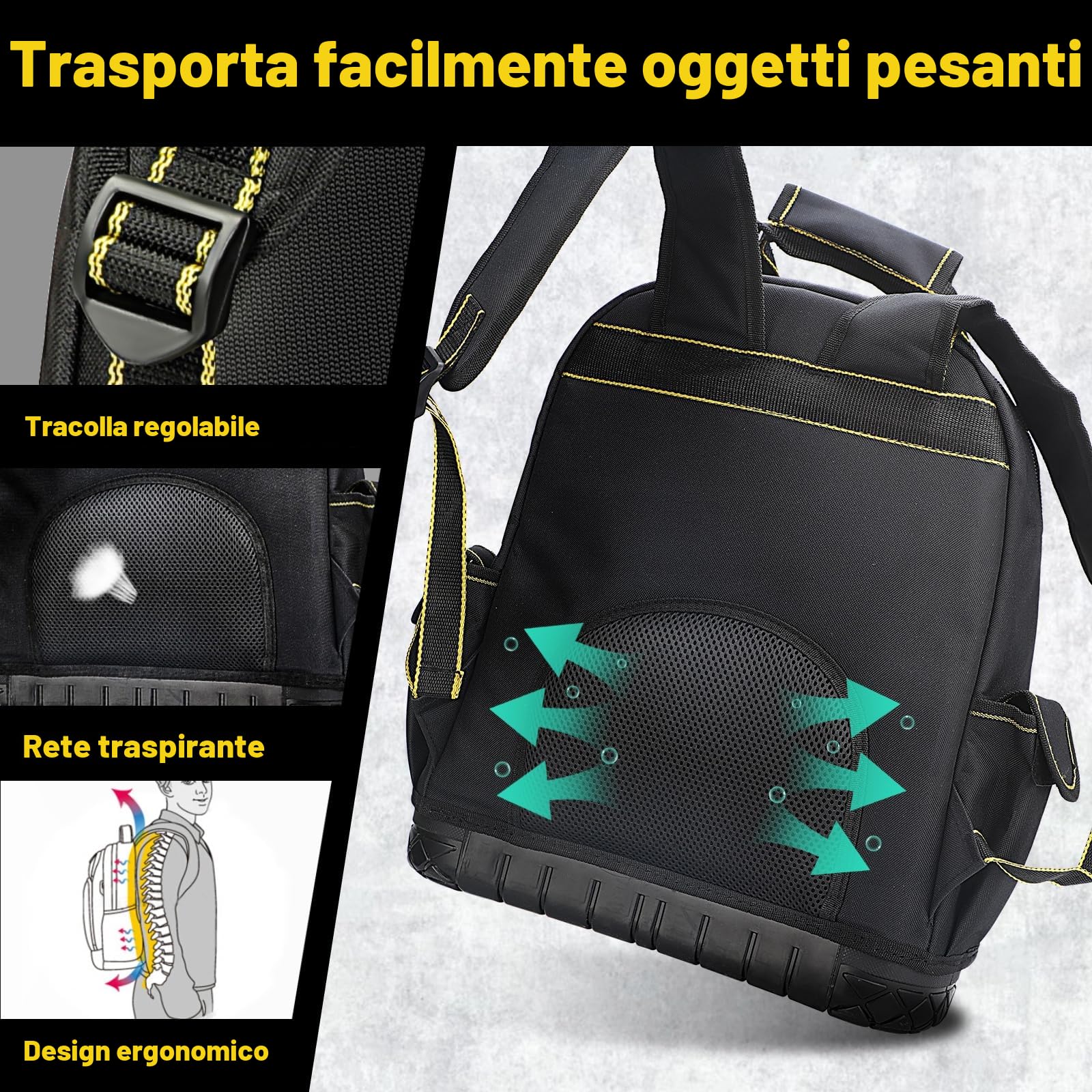 AIRAJ Zaino Porta Attrezzi Impermeabile, Portautensili con Base in Gomma, Robusto Organizer Per Elettricisti, Idraulici, Utensili Per Manutentori.