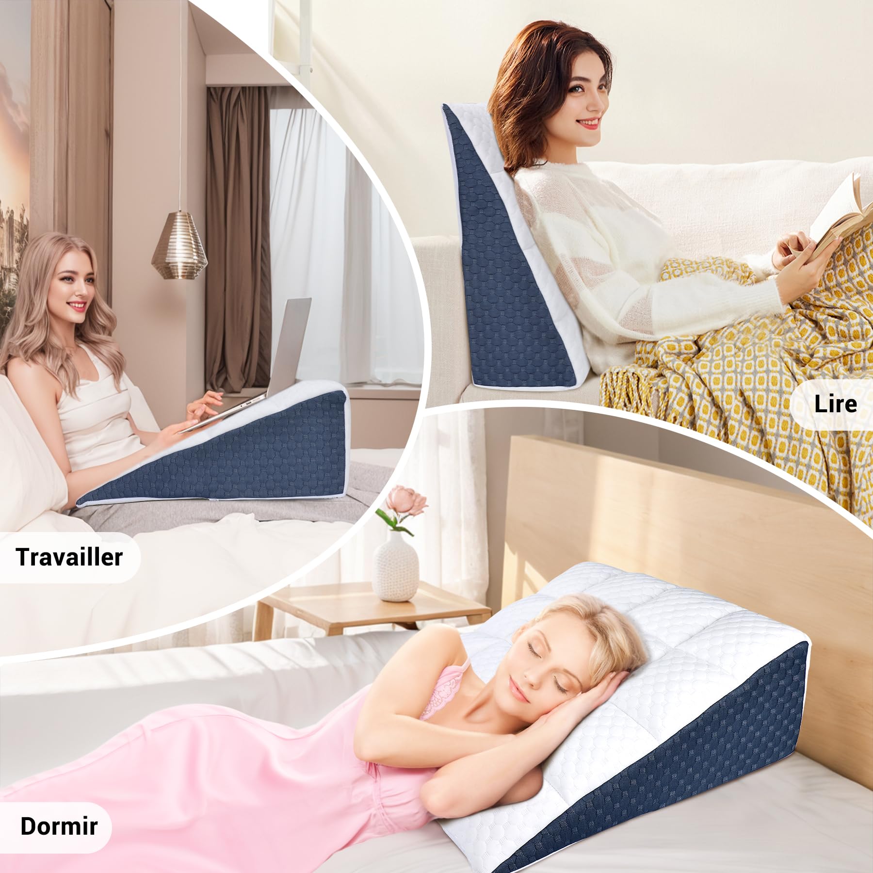 INFANZIA Cojín reclinado para cama, Almohada Triangular Ergonómica con memoria de forma para apnea del sueño, cojín de esquina, ronquidos, reflujo ácido, leer, piernas elevadas de 21 cm