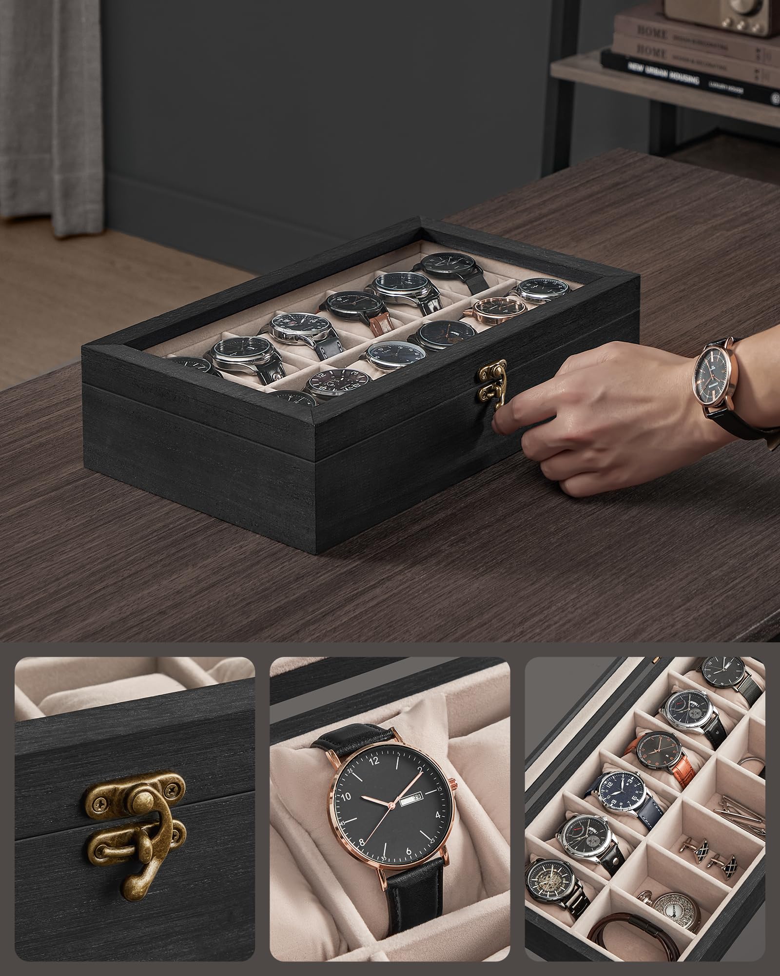 SONGMICS Scatola per Orologi, Scatola Porta Orologi a 12 Scomparti, Portaorologi in Legno con Coperchio in Vetro e Cuscinetti Rimovibili, Idea Regalo, Nero Ebano JOW120B01