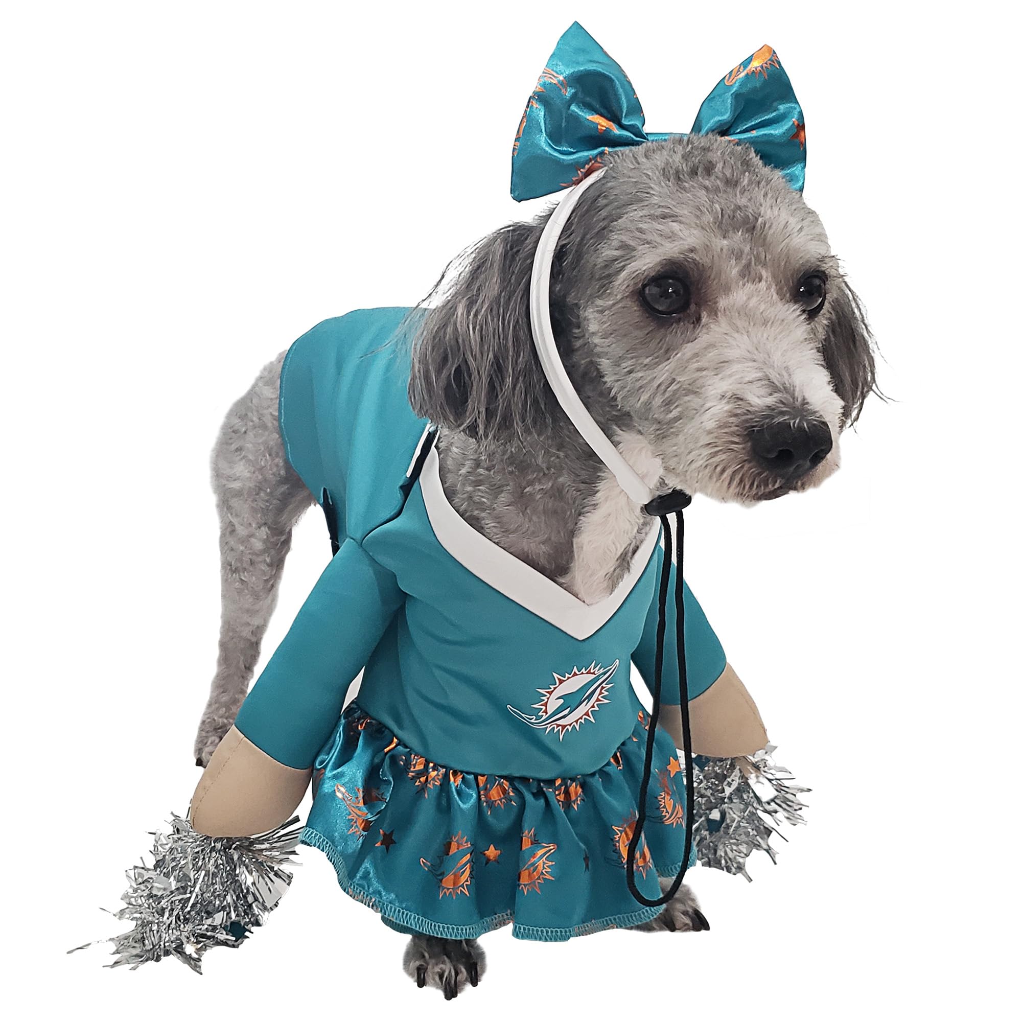 NFL Miami Dolphins Officially Licensed Cheer Dog Costume by MODERN HERO Includes Dress with Faux Stuffed arms and Tinsel pom-poms and Satin Bow Headband, Size XL