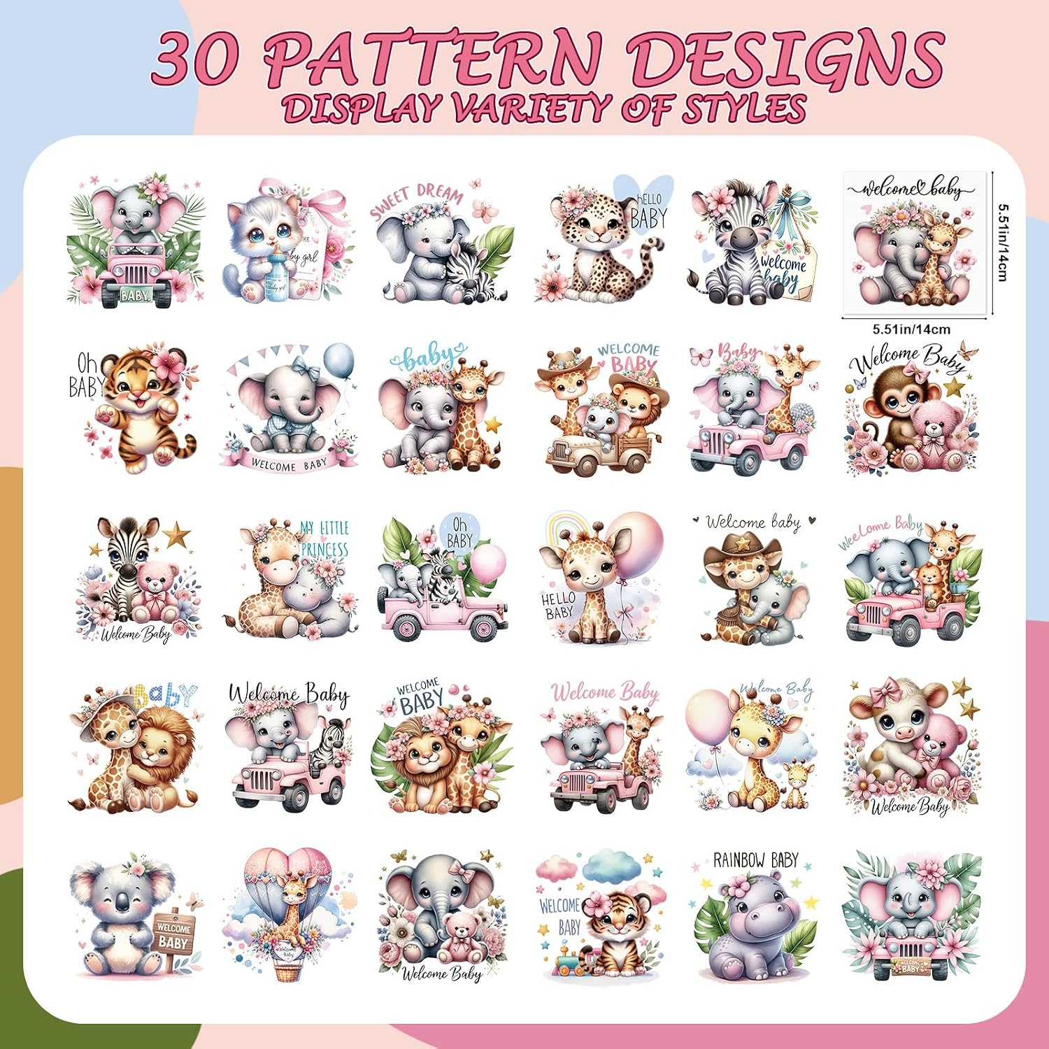 DTF Transfers Ready to Press - 30Pcs Pink Forest Animal Babyshower Iron on Transfers, Cute Iron on Decals Patches for Babybodysuit, Heat Transfer Sticker for Babyonesie Bibs Decorating Kit image 2