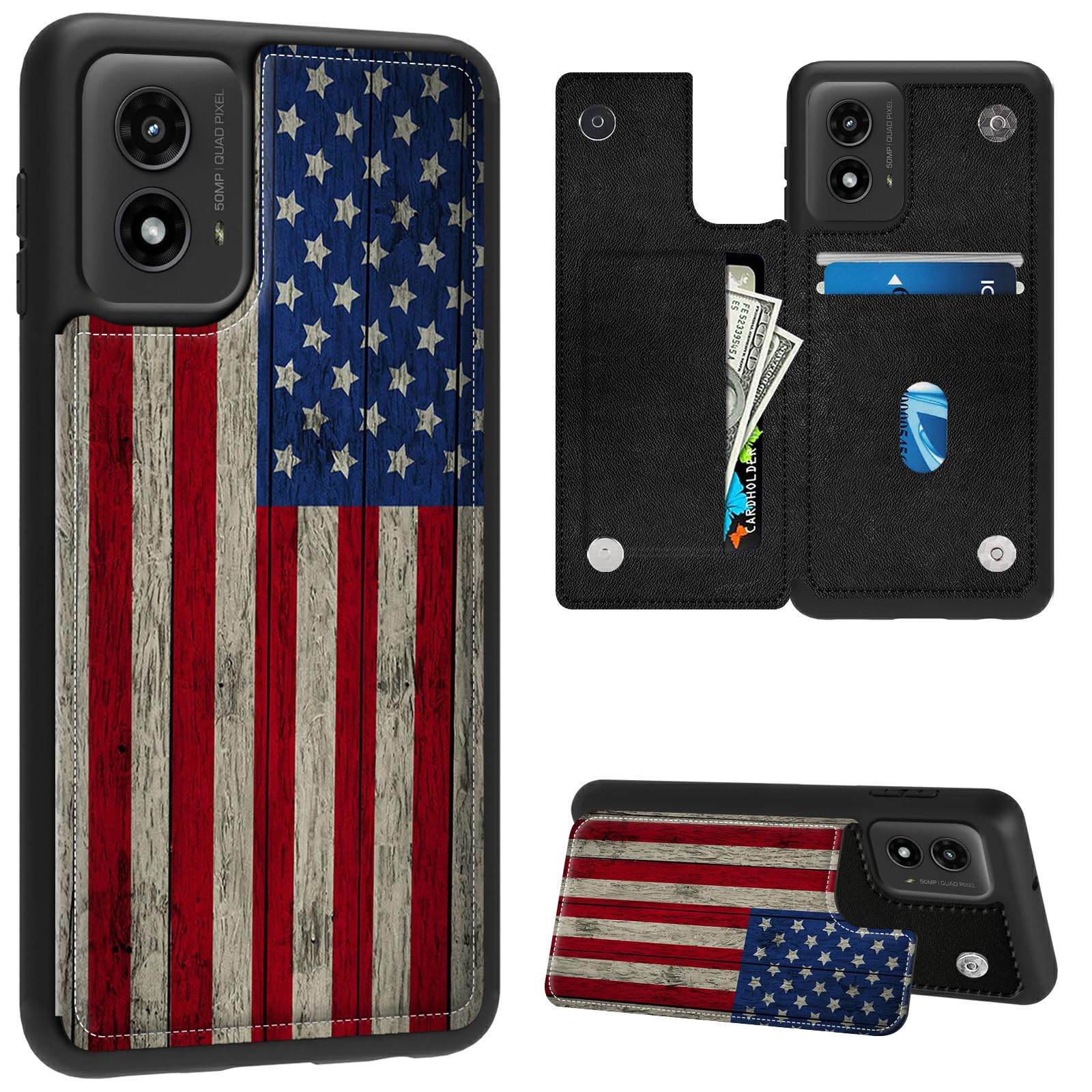 FUYOCWE Case for Motorola Moto G 5G 2024 Phone Case Wallet with Card Holder,Retro American Flag PU Leather Kickstand Card Slot Cover for Women Men (