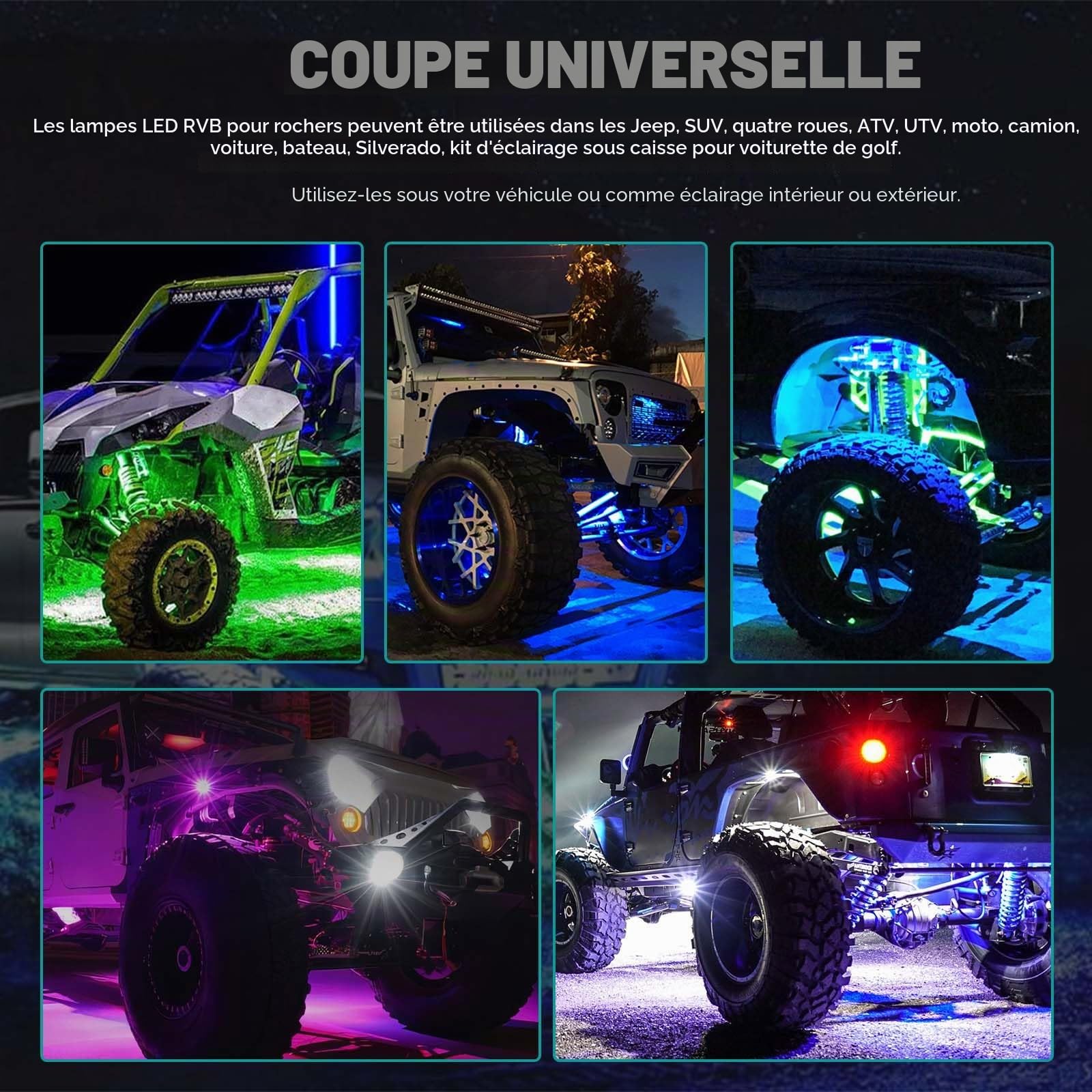 10Pcs Kit de LED Voiture Exterieur, Contrôle APP& Télécommande, Jeu de lumières Multicolores synchronisées avec la Musique, Bandes Lumineuses RGB étanches pour Voitures, camions et SUVs