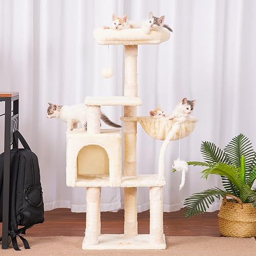Miniatura 2 de Heybly Cat Tree Cat Tower Condominio con postes rascadores cubiertos de sisal y cesta para gatito gris ahumado HCT002SG