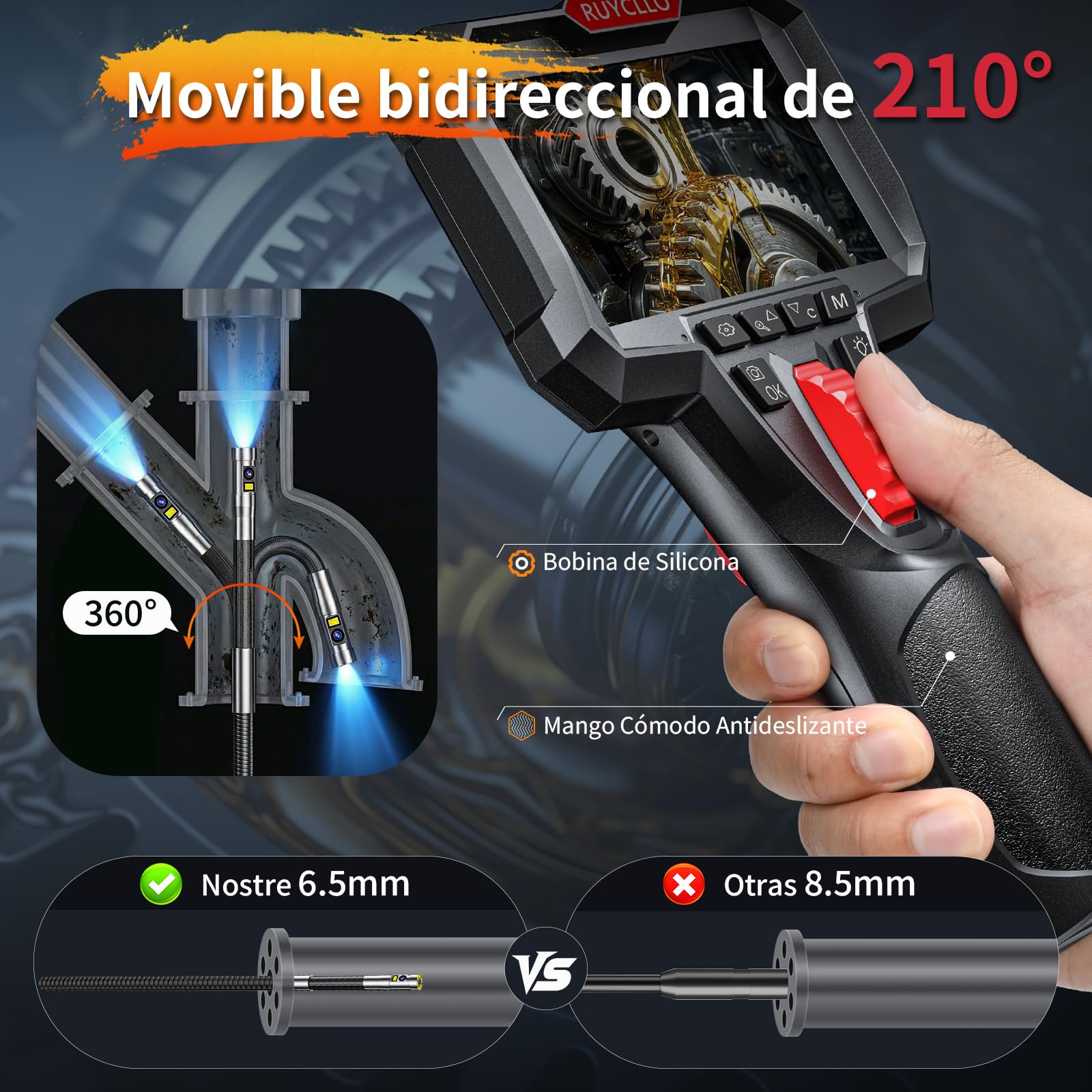 Lente Doble Endoscopio Industrial con Pantalla 4,3" y Cámara 1920P, Cámara Endoscópica con Luz LED, Sonda Ø6,5 mm Articulada 210°, IP67, Tarjeta SD 32 GB Incluida – Coches y Mantenimiento Técnico